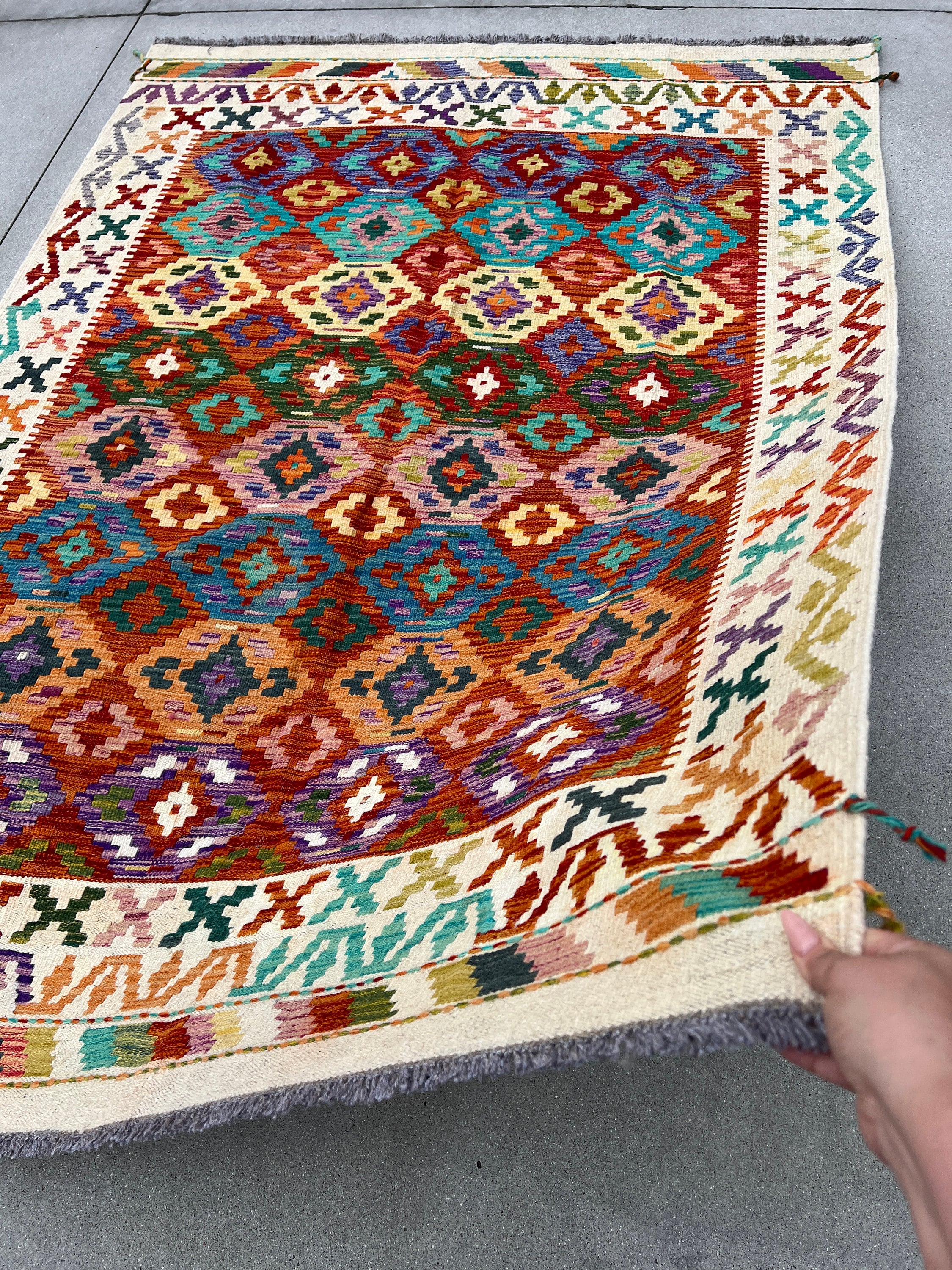 5x7 Handmade Afghan Kilim Rug Beige Cream Burnt Orange Teal Purple Pine  Olive Green Golden Yellow Red Geometric Flatweave Wool - Etsy