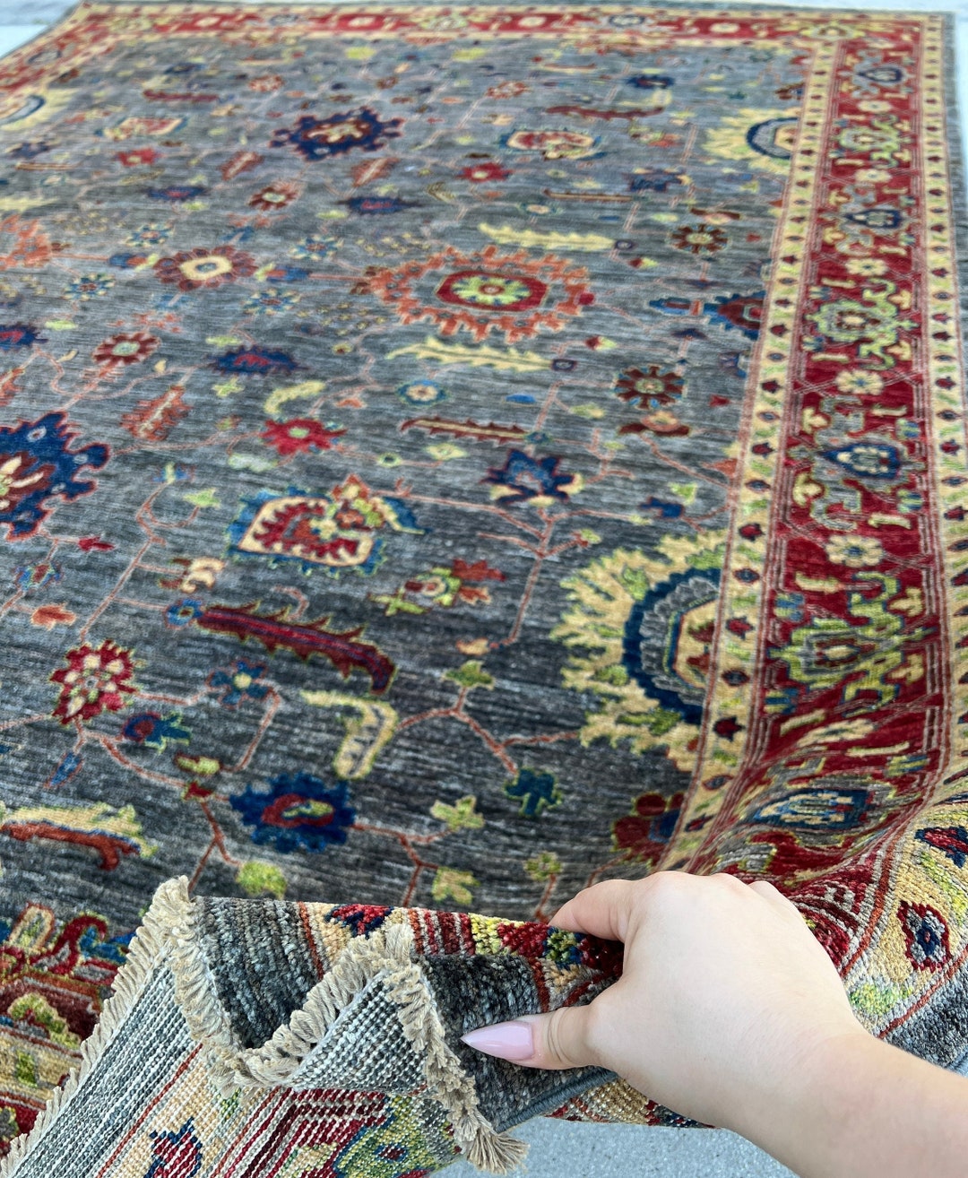 8x10 245x305 Handmade Afghan Rug Charcoal Grey Brick Red Burnt Orange