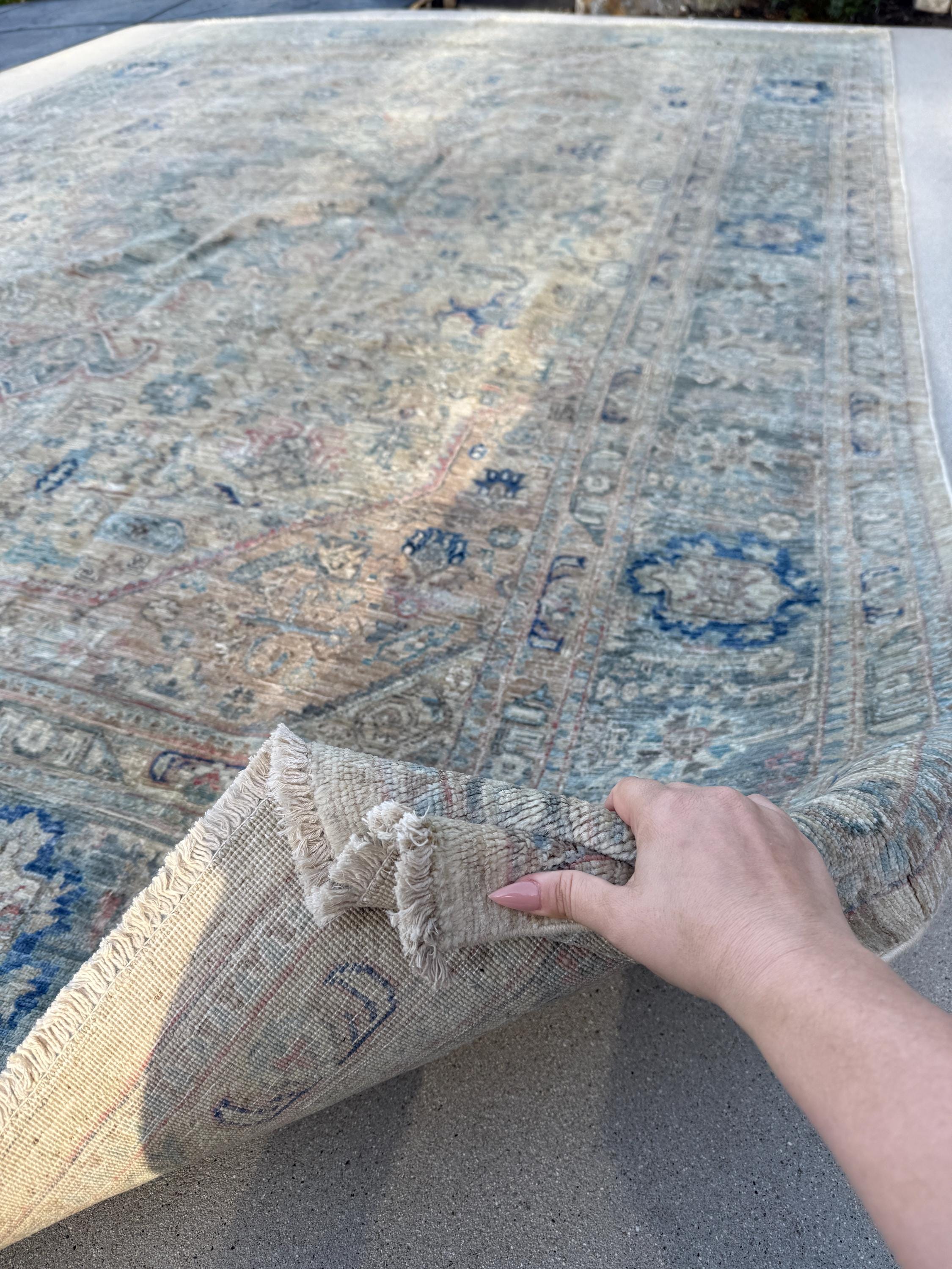 9x13 (274x396) Hand Knotted Afghan Rug | Beige Cream Tan Denim Powder Blue Sage Green Rose Pink White | Wool Floral Persian Traditional