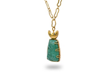 Handmade Afghan Necklace Malachite Lapis Lazuli Cat Gold Brass Elegant Inspired Jewelry Boho Blue Gemstone Chic Accessories Gift for Her