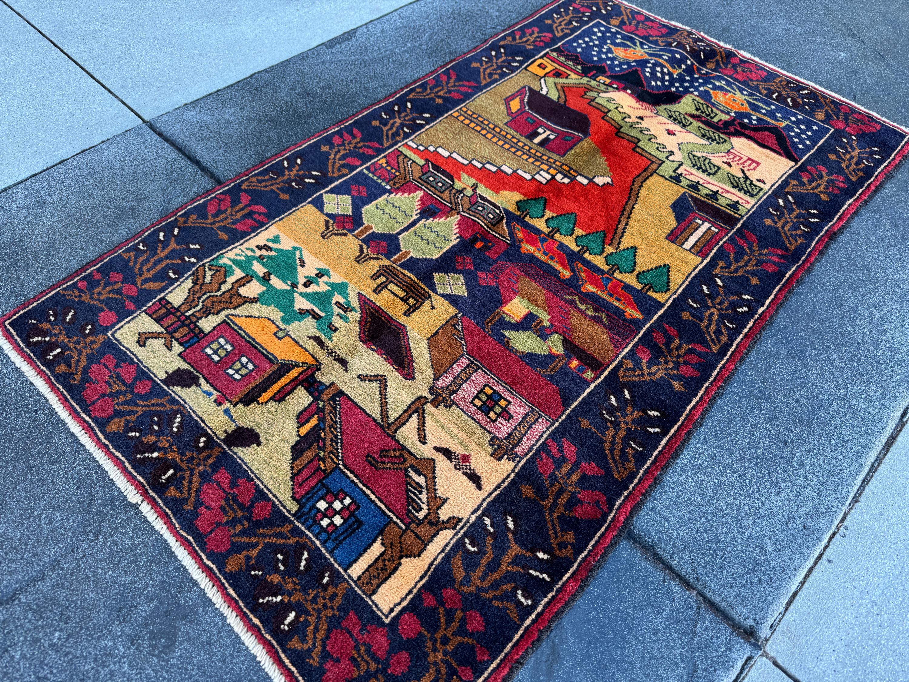 3x4-5 Handmade Vintage Afghan Baluch Rug Navy Blue Scarlet Brick