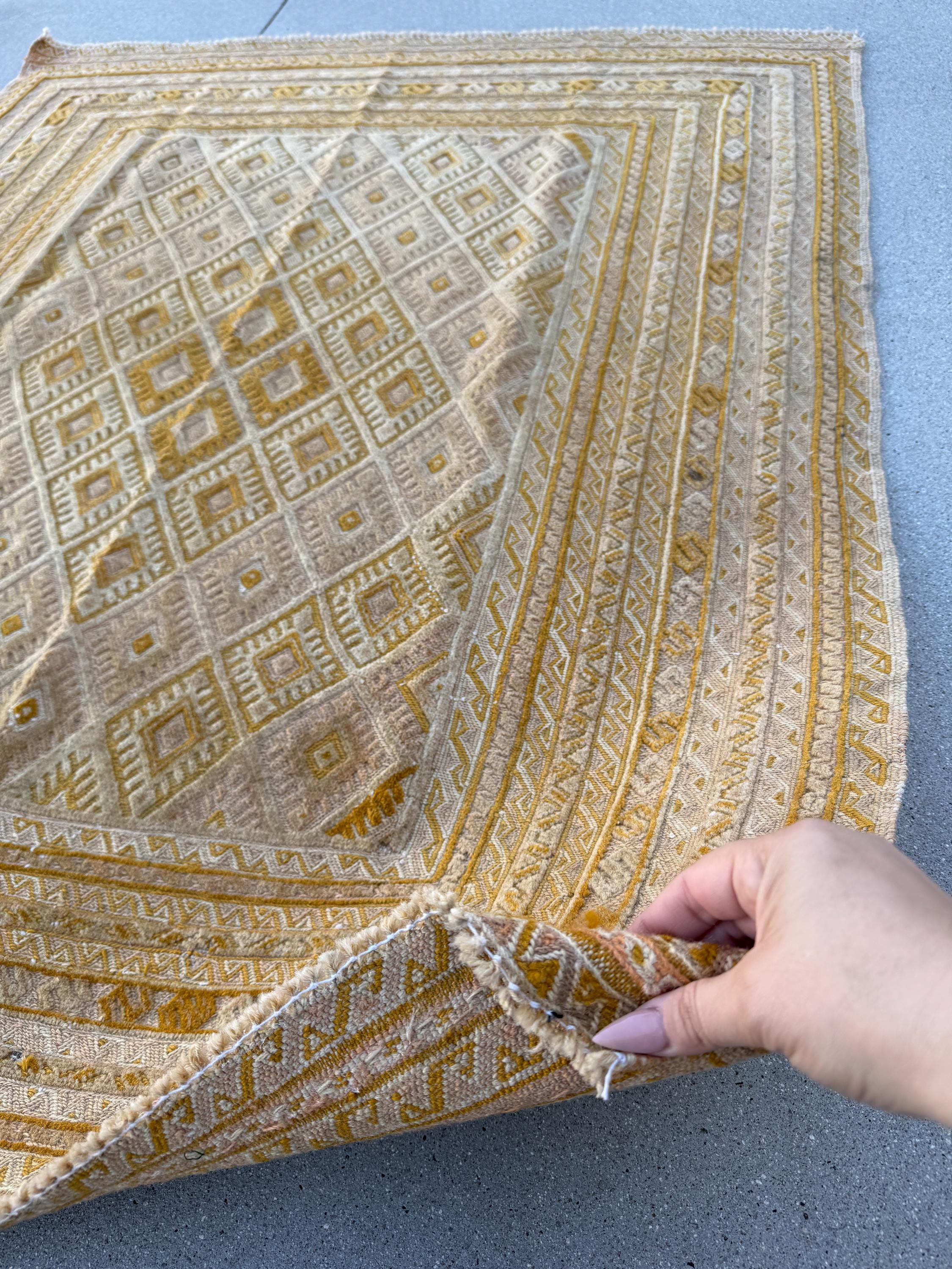 4x5 (121x152) Handmade Afghan Vintage Barjasta Rug | Gold Saffron Mustard Cornsilk Yellow Cream Burnt Rust Orange White | Wool Flatweave