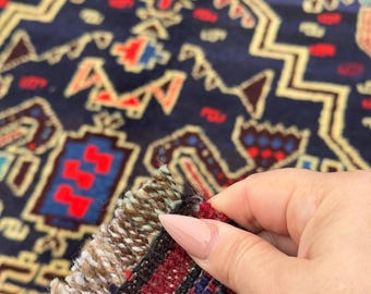 ラグ・カーペット Baluch rug#3 3x4 Handmade Vintage Afghan Baluch Rug | Midnight Navy Denim
