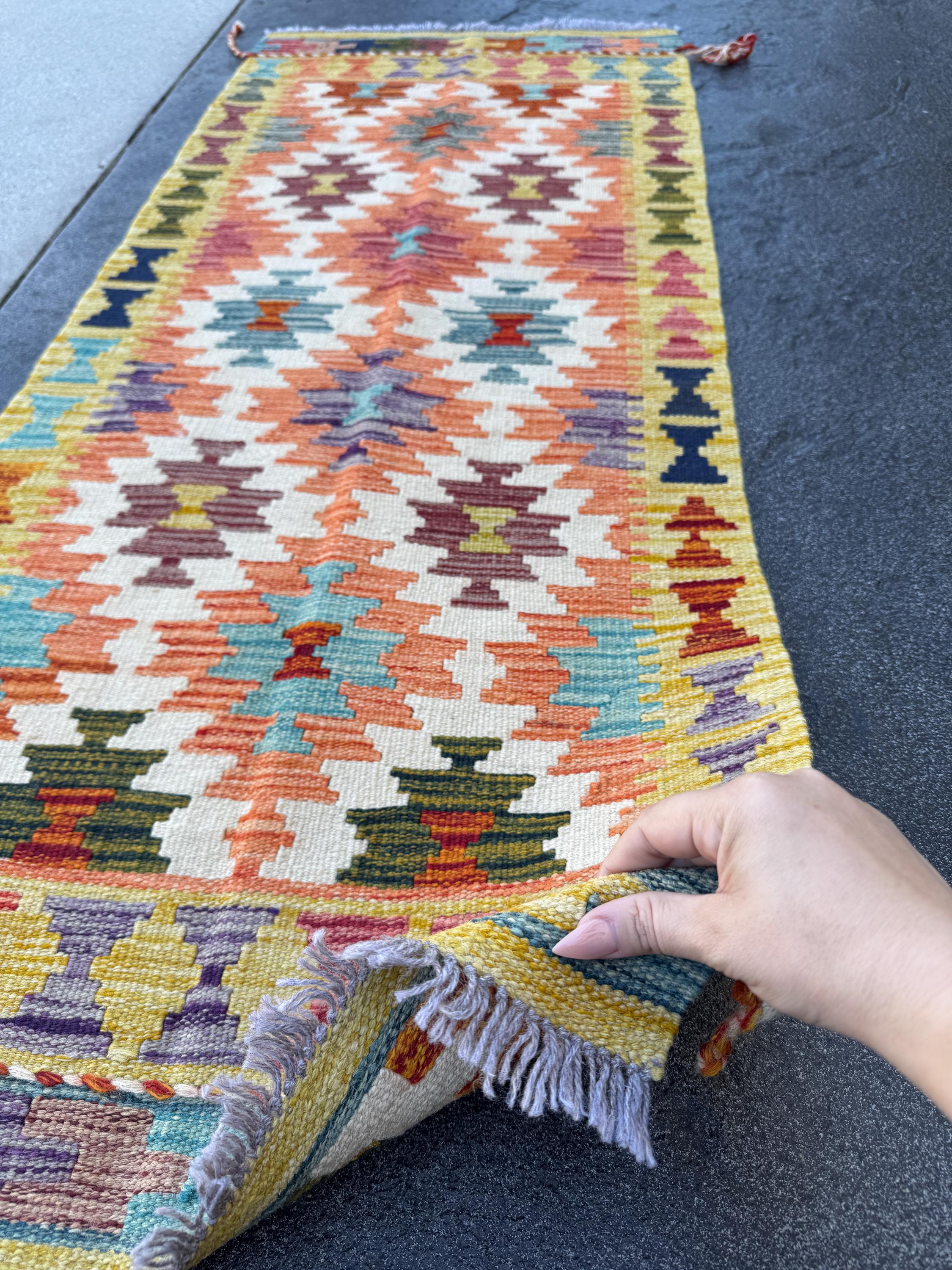 2x5 Handmade Afghan Kilim Runner Rug | Cream White Orange Olive