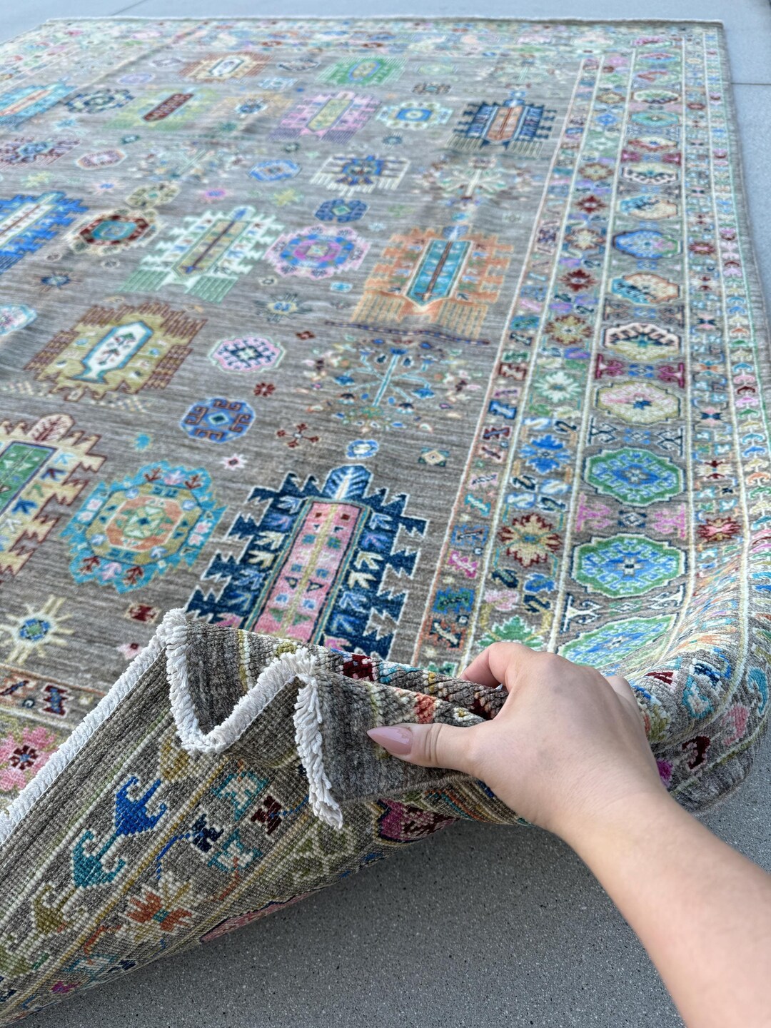 Clh Rug 8x10 Handmade Afghan Rug Taupe Grey Beige Gold Teal Turquoise Fuchsia ...