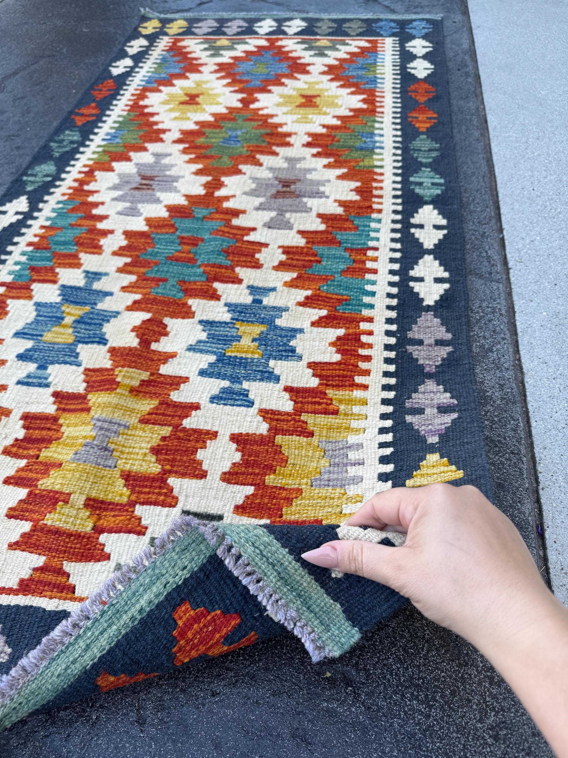 Afghan Hodrang Kilimお値下げ中！ 2x5 (61x152) Handmade Afghan Kilim Rug | Navy Denim Teal Royal