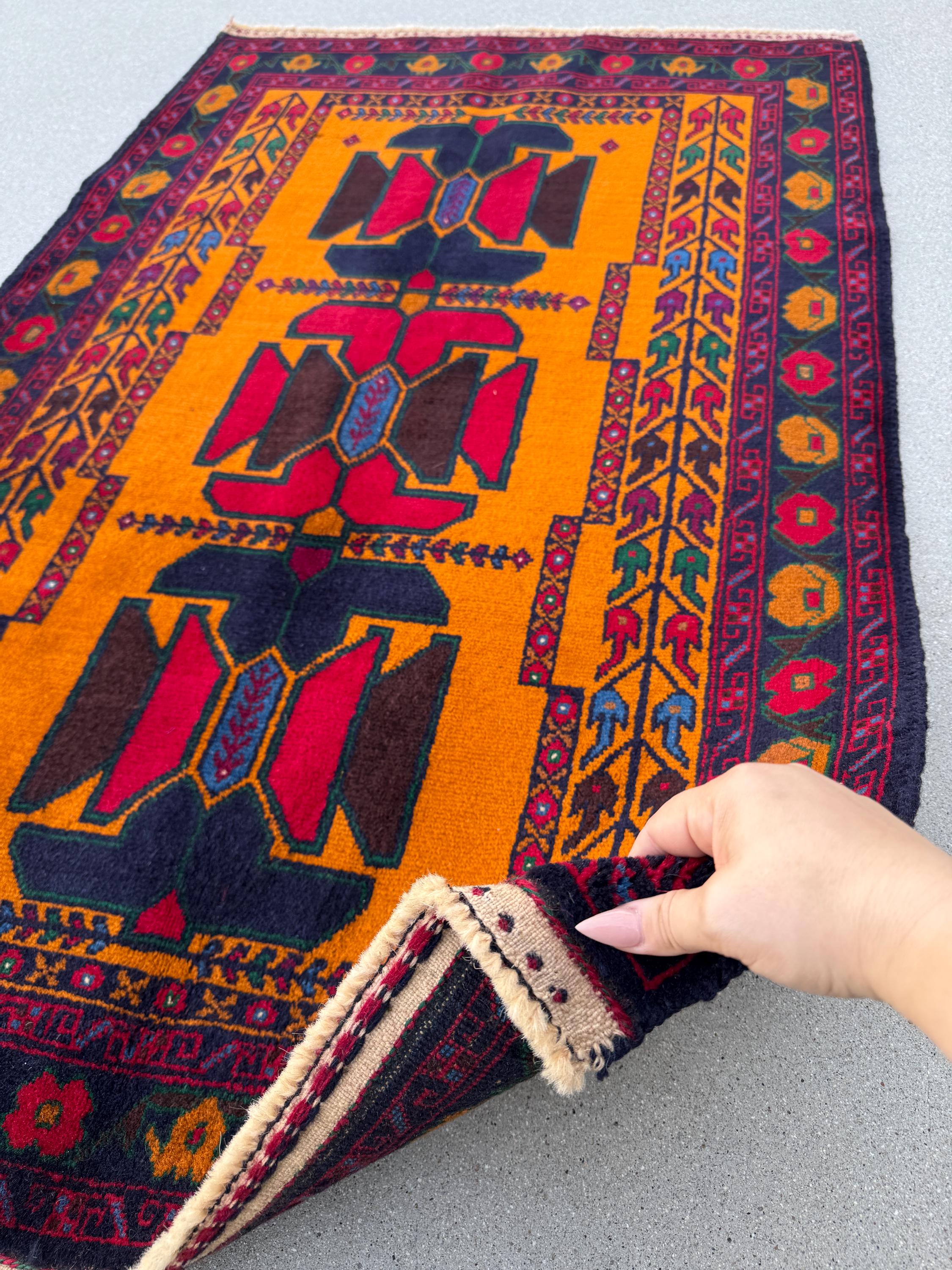 3x5 (91x152) Handmade Vintage Afghan Baluch Rug | Orange Scarlet
