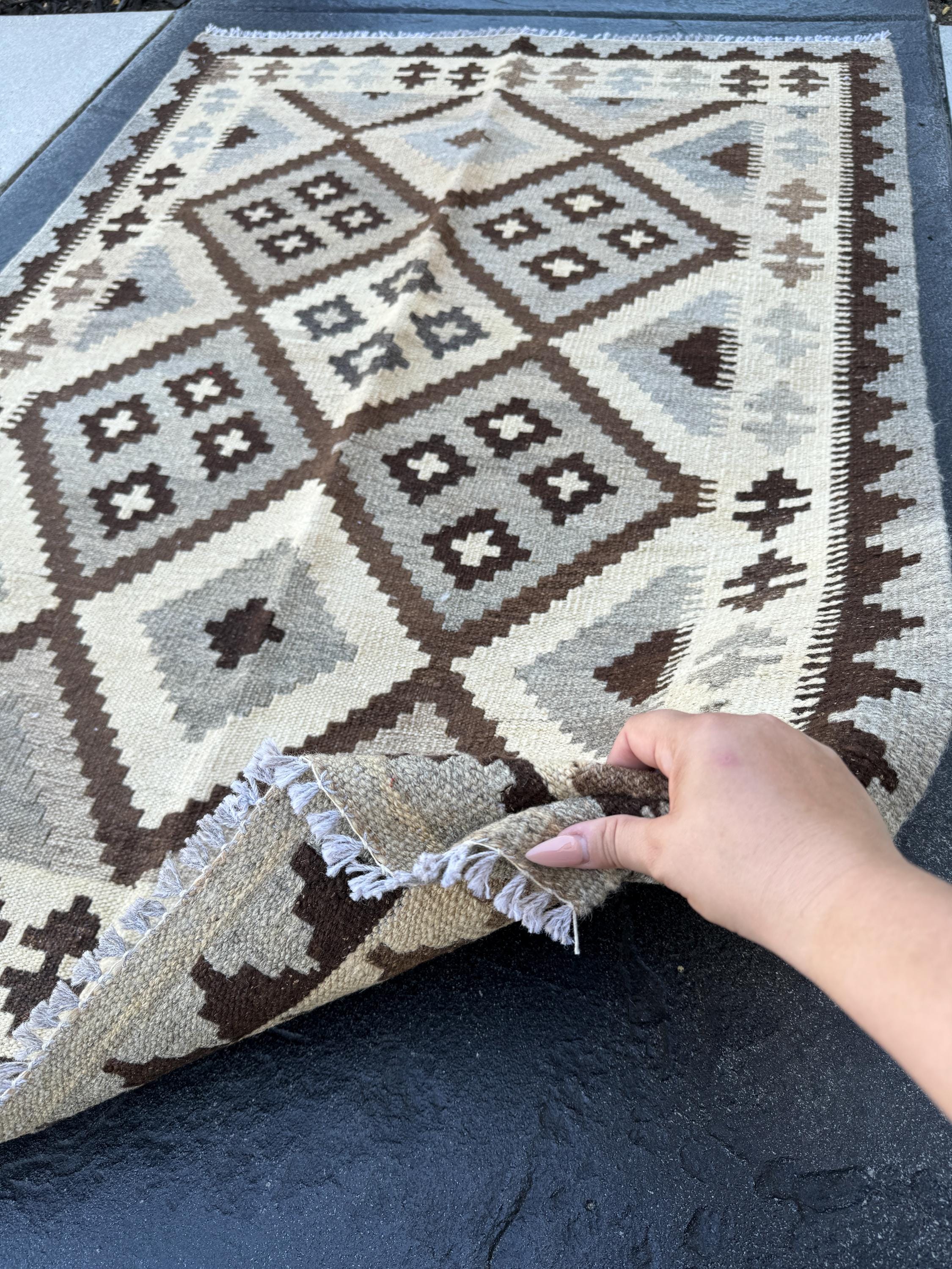 4x5 Handmade Afghan Kilim Rug | Grey Gray Coffee Chocolate Brown