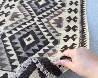 3x4 (91x121) Handmade Afghan Kilim Rug | Sand Tan Espresso Brown