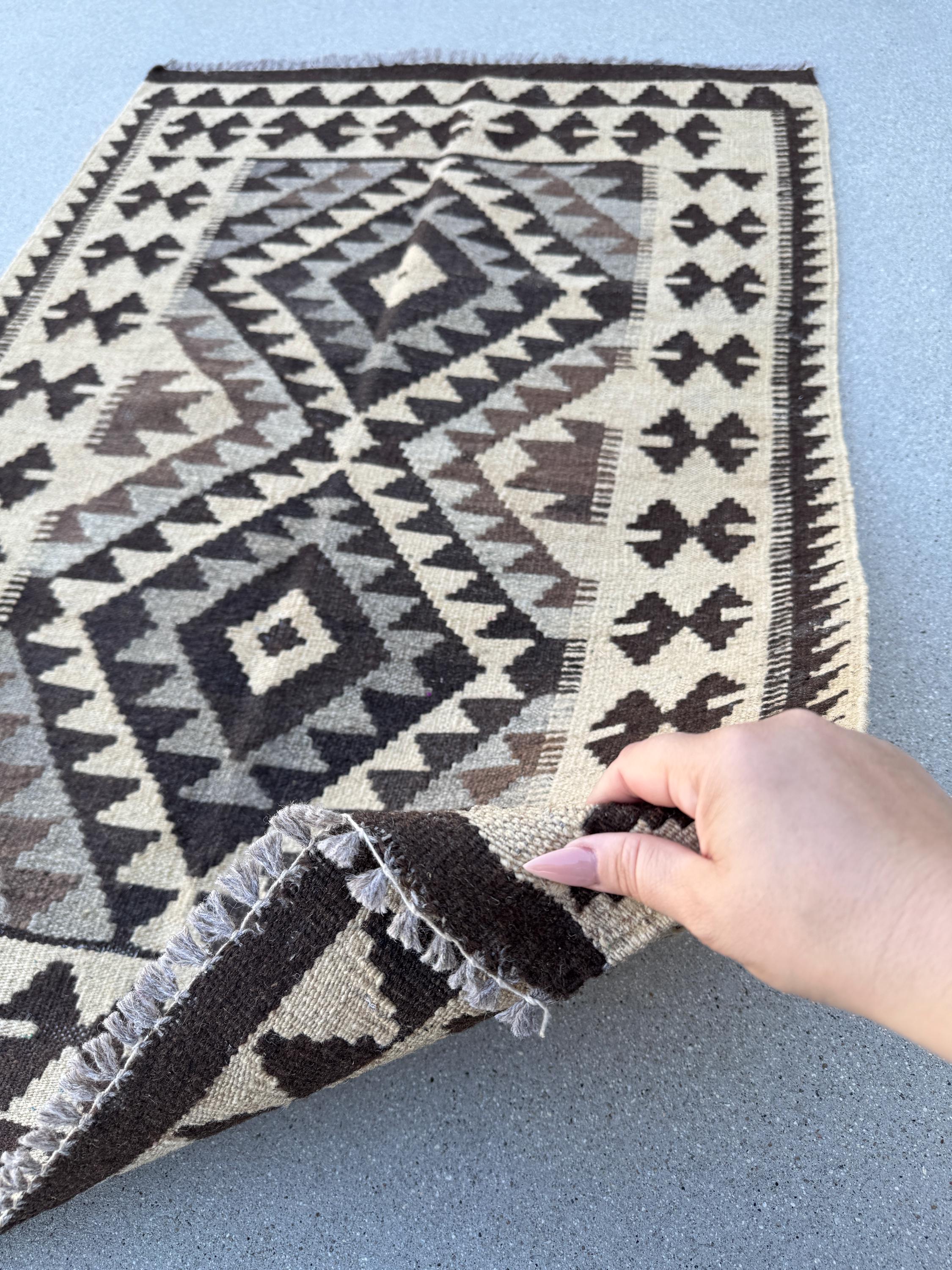 3x4 (91x121) Handmade Afghan Kilim Rug | Sand Tan Espresso Brown