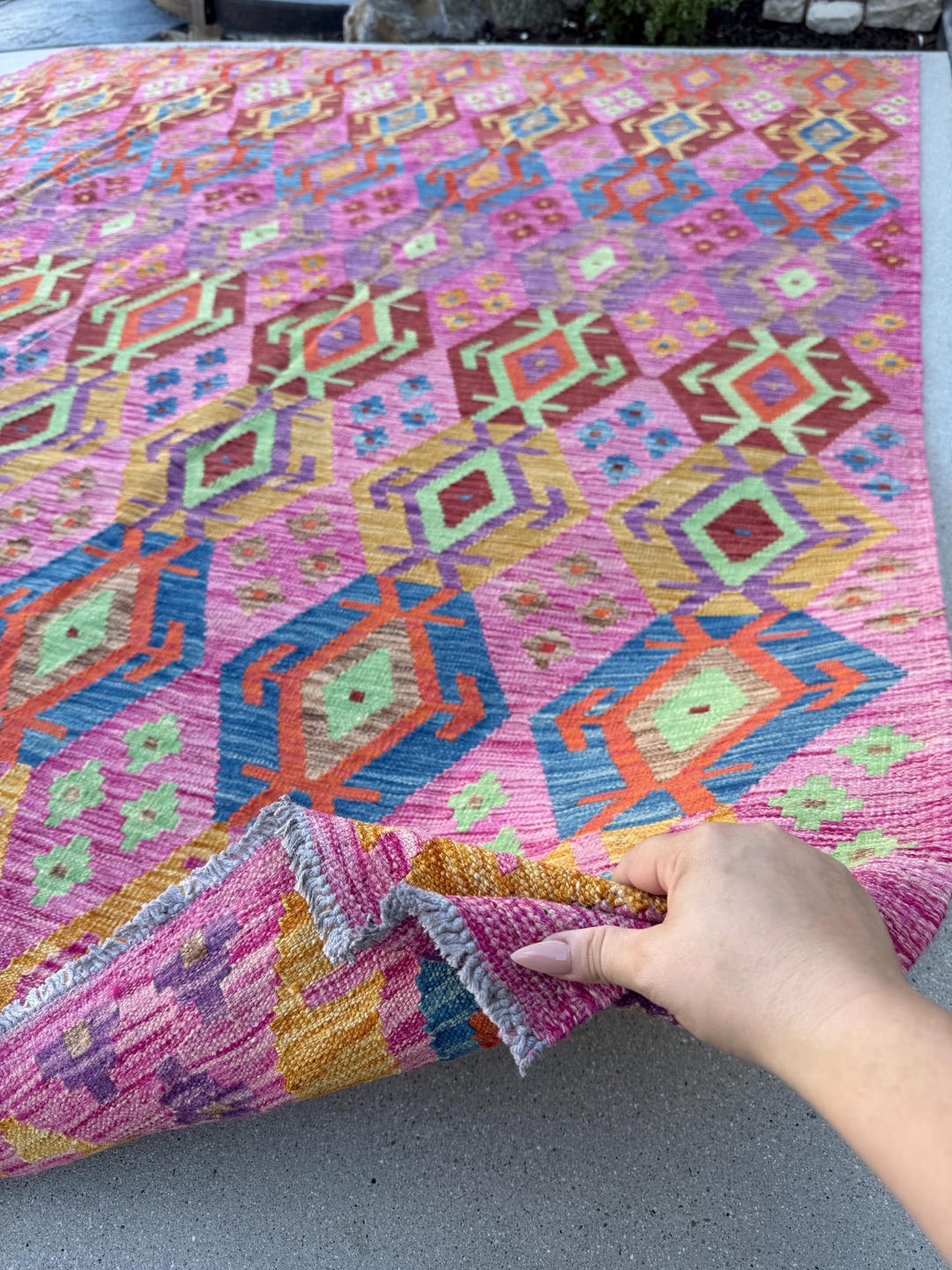 9x10 Handmade Afghan Kilim Rug | Magenta Pink Purple Yellow Orange Sky ...