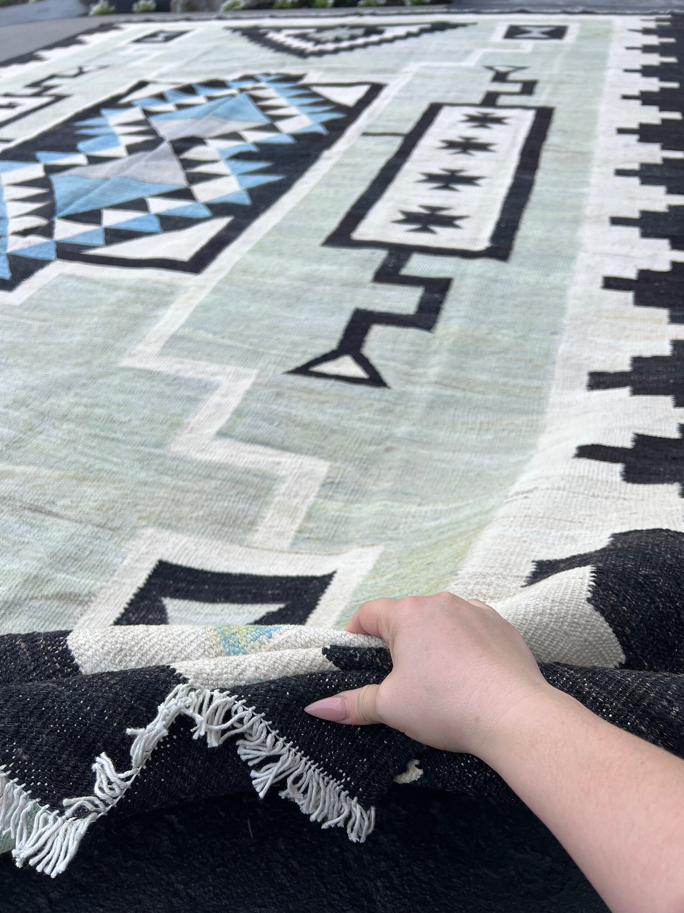 305x425 Rug 10x14 (305x425) Handmade Afghan Kilim Rug | Mint Green Black Ivory ...