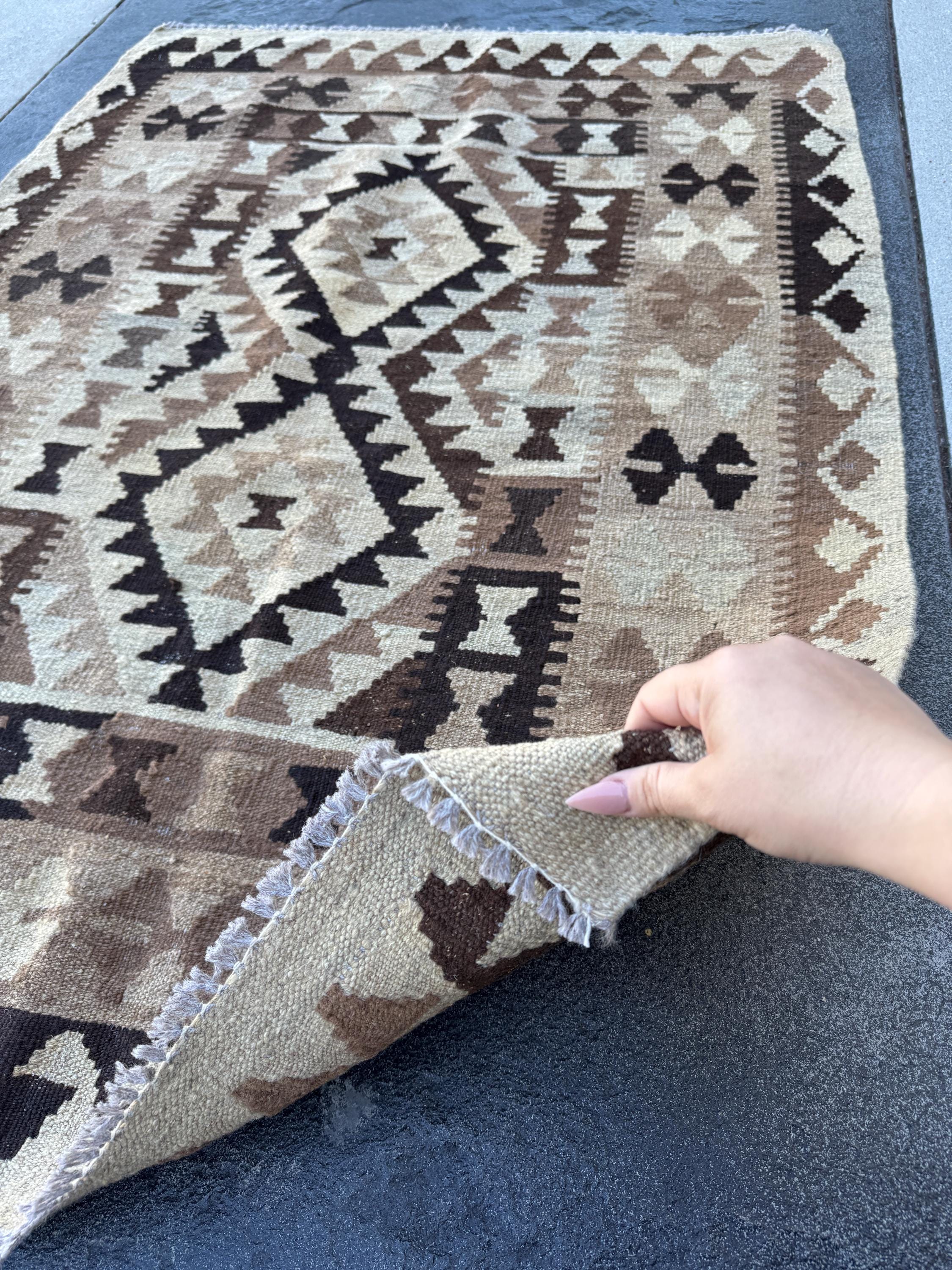 3x5 (91x152) Handmade Afghan Kilim Rug | Tan Beige Taupe Sand Coffee Chocolate Brown Black Cream White Grey Gray | Wool Neutral Reversible
