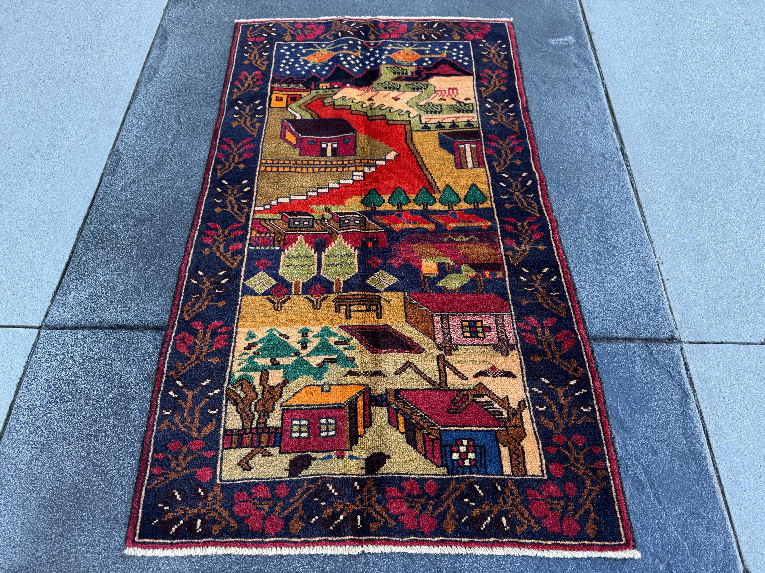 3x4-5 Handmade Vintage Afghan Baluch Rug Navy Blue Scarlet Brick