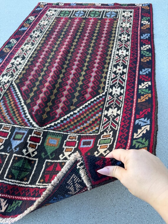 3x4-5 (91x144) Handmade Vintage Afghan Baluch Rug | Crimson 3x4-5 (91x144) Handmade Vintage Afghan Baluch Rug | Crimson