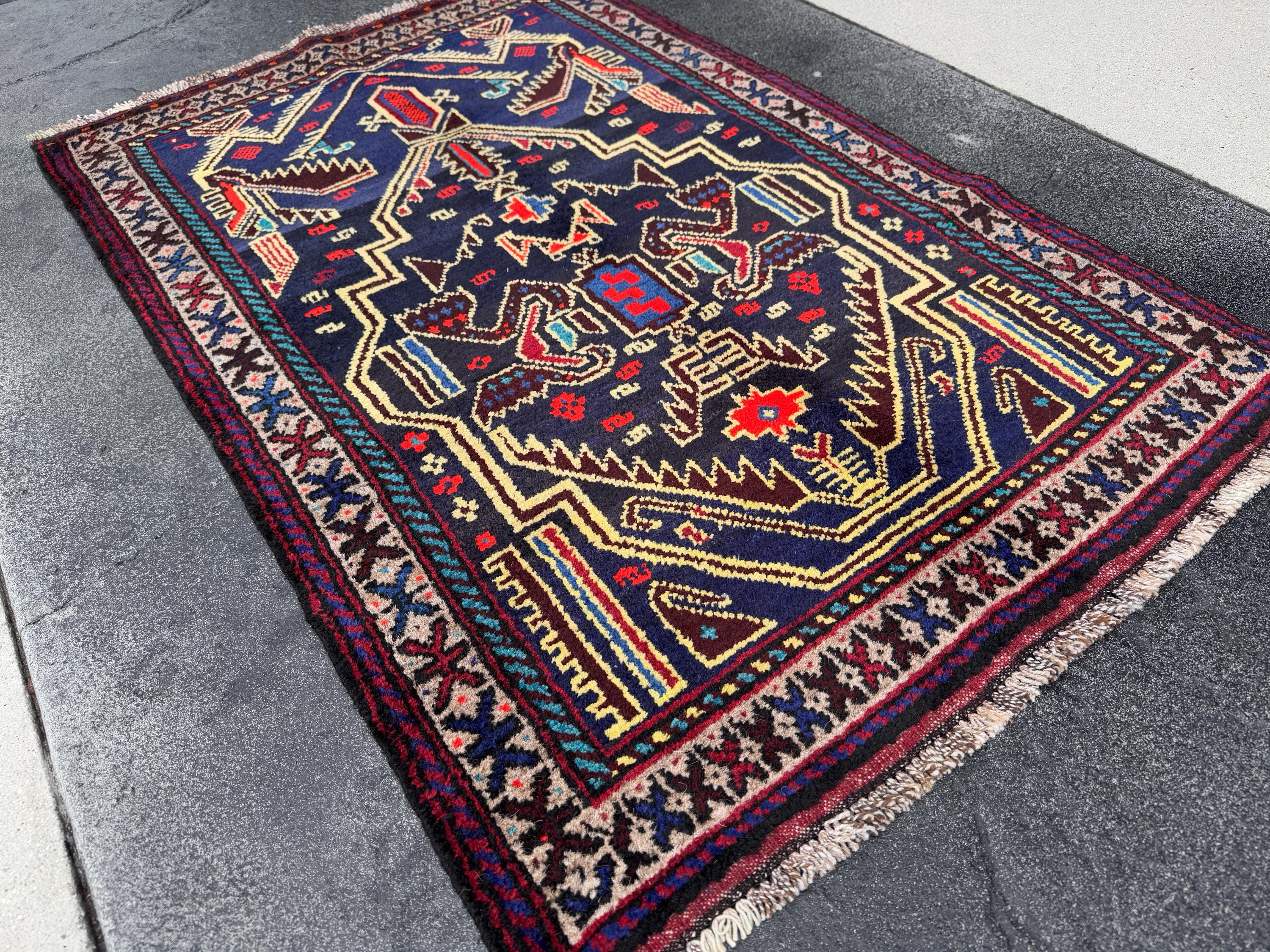 ラグ・カーペット Baluch rug 3x4 Handmade Vintage Afghan Baluch Rug | Midnight Navy Denim