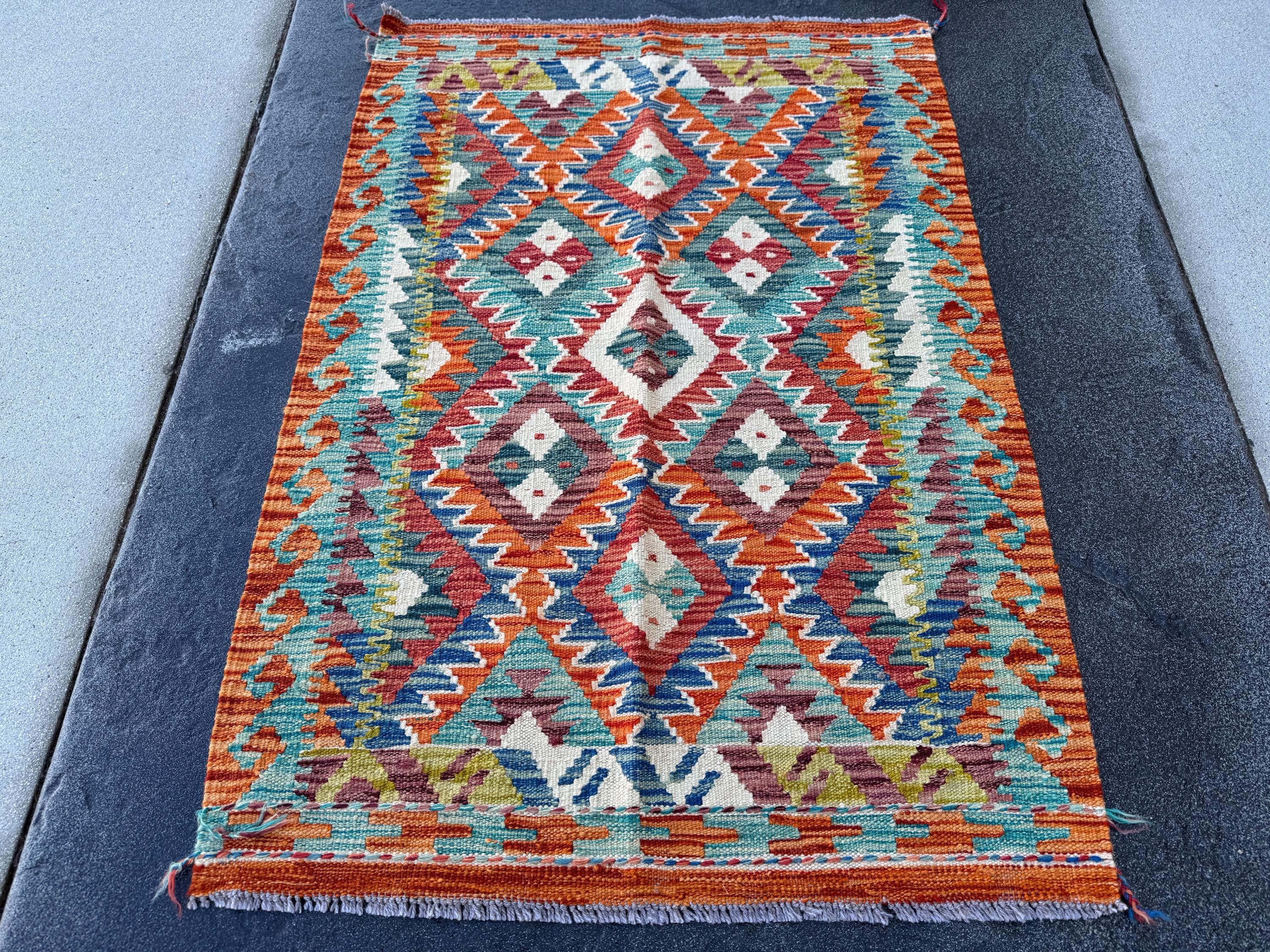 3x4 ハンドメイド アフガン キリム ランナーラグ | オレンジデニム