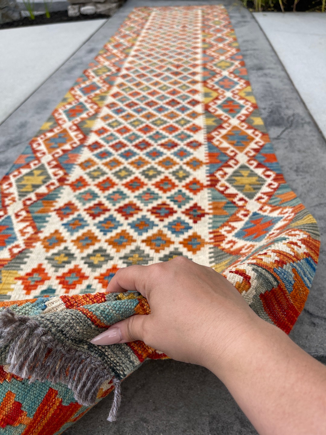 3x13 (90x395) Handmade Afghan Kilim Runner Rug | White Orange Blue ...