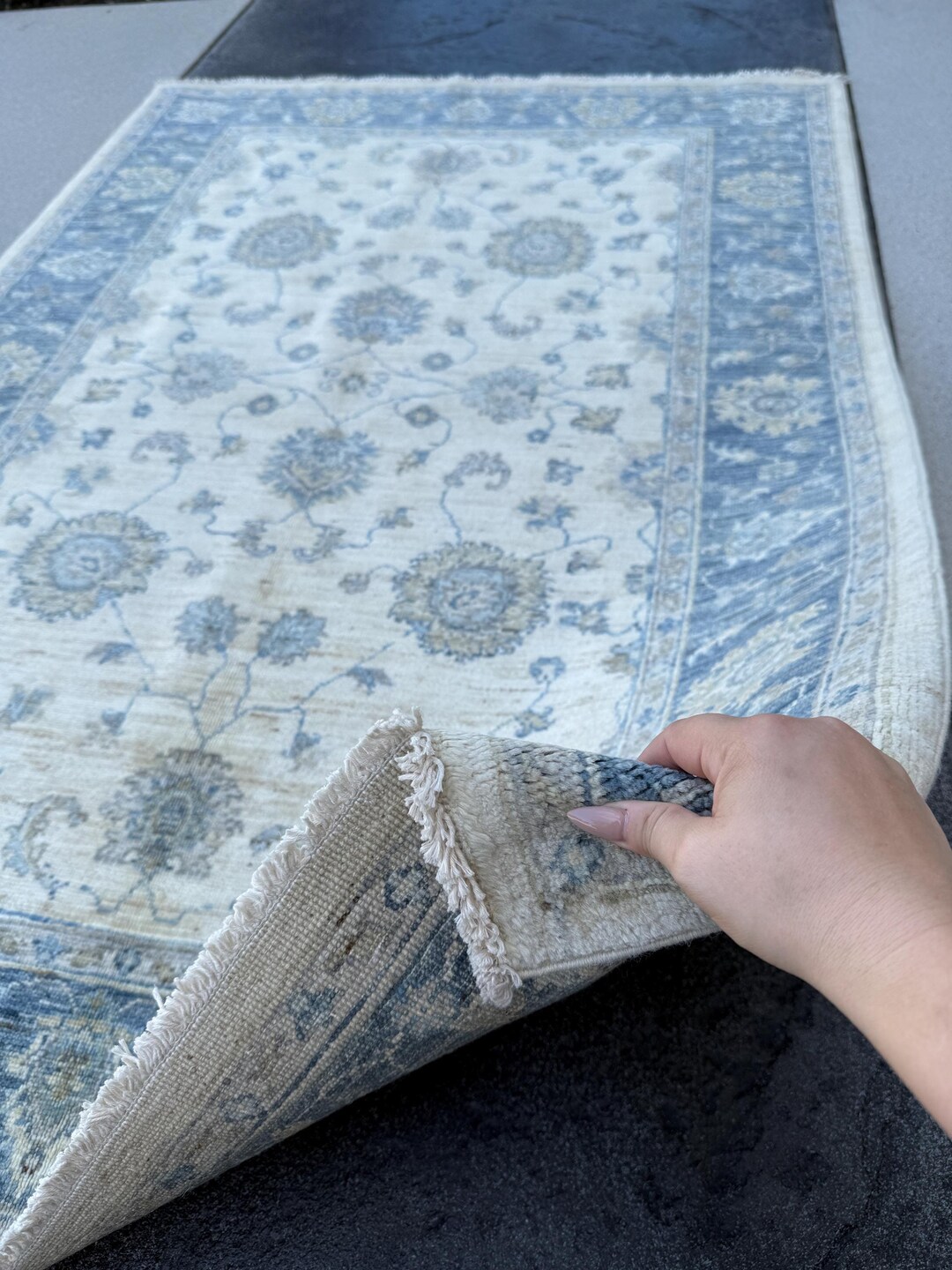 Prussian Rugs 4x6 (121x182) Handmade Afghan Rug | Cream Denim Prussian Powder Blue ...