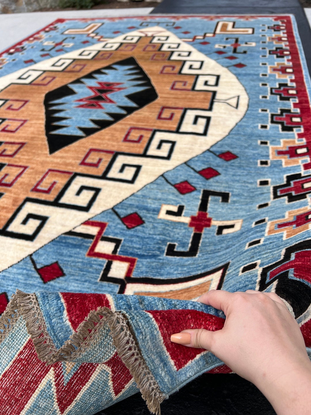 Demin Tear Rug 6x10 - 7x10 Handmade Afghan Rug | Demin Blue Light Blue Ivory Cream ...