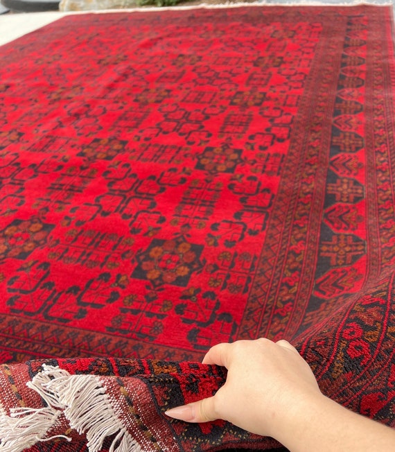 8x12 Handmade Afghan Rug Cherry Red Brick Red Black Burnt Orange