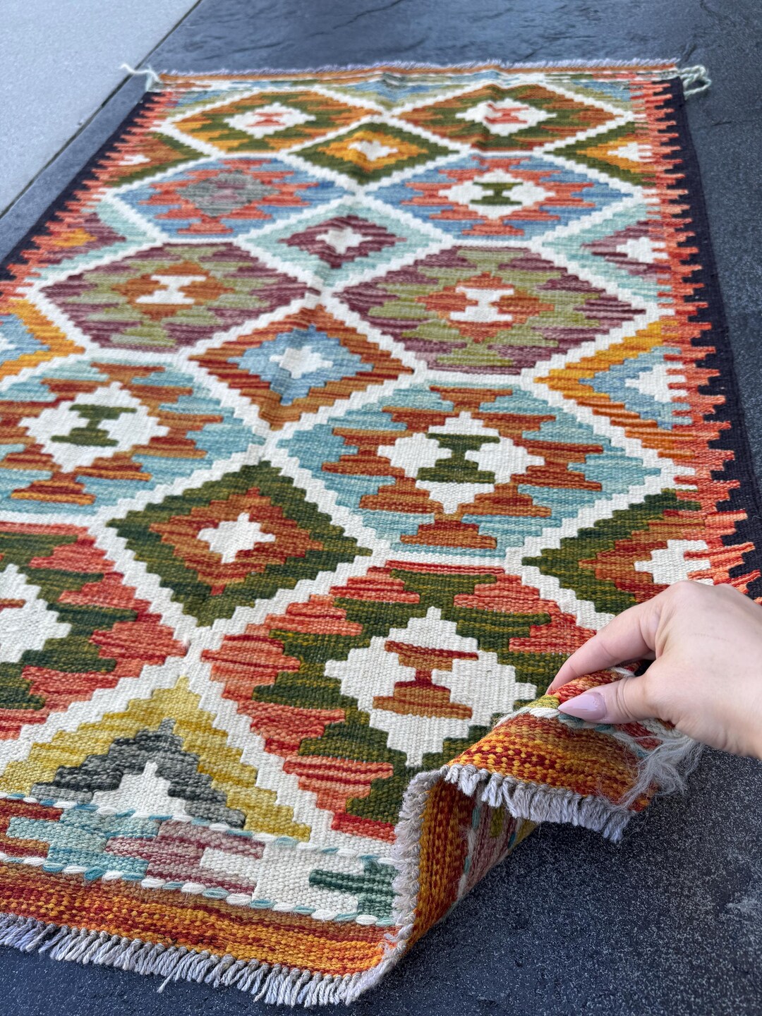 Afghan Hodrang Kilim ※専用ページ 3x4 Handmade Afghan Kilim Rug | Olive Green Rust Red Burnt Orange