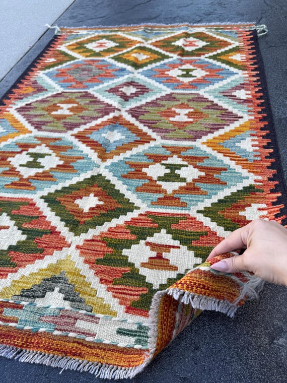 3x4 Handmade Afghan Kilim Rug | Olive Green Rust Red Burnt Orange