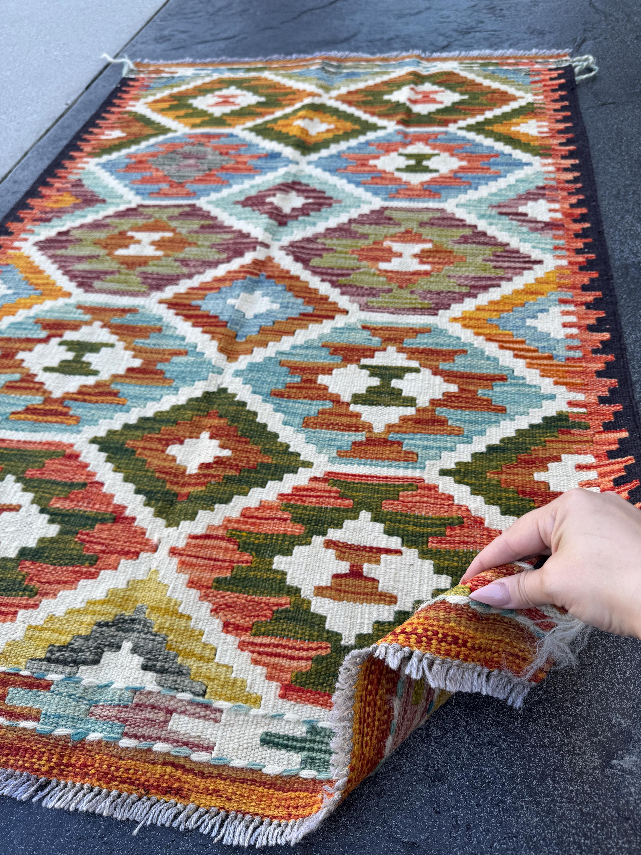 3x4 Handmade Afghan Kilim Rug | Olive Green Rust Red Burnt Orange