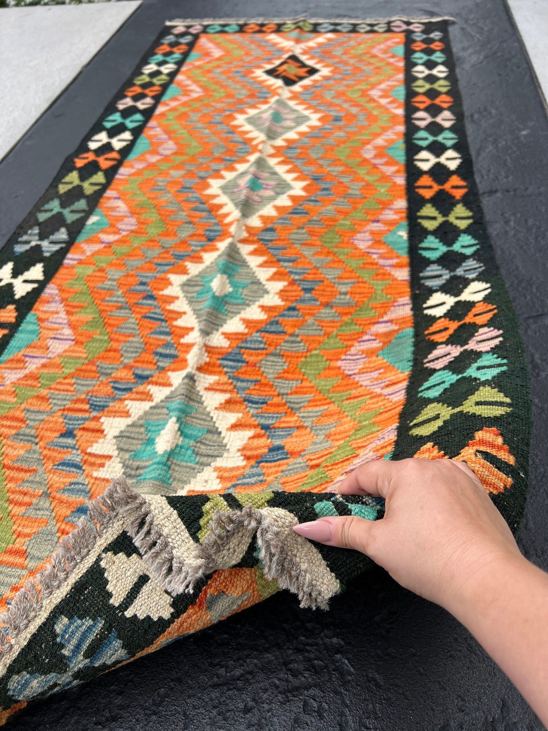 3x7 (100x200) Handmade Afghan Kilim Runner Rug | Black Burnt Orange ...