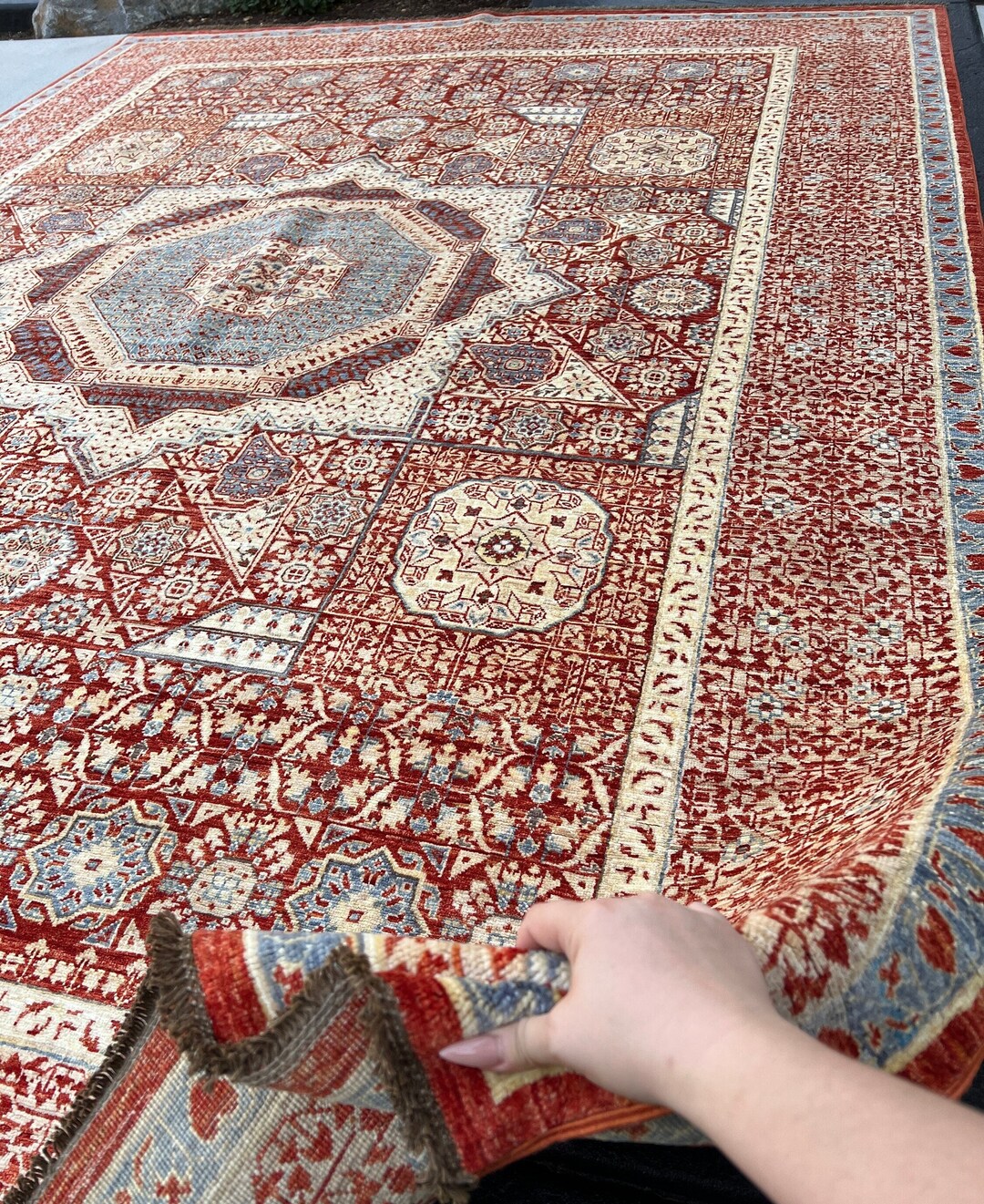 8x10 245x305 Handmade Afghan Rug Crimson Red Denim Blue Etsy