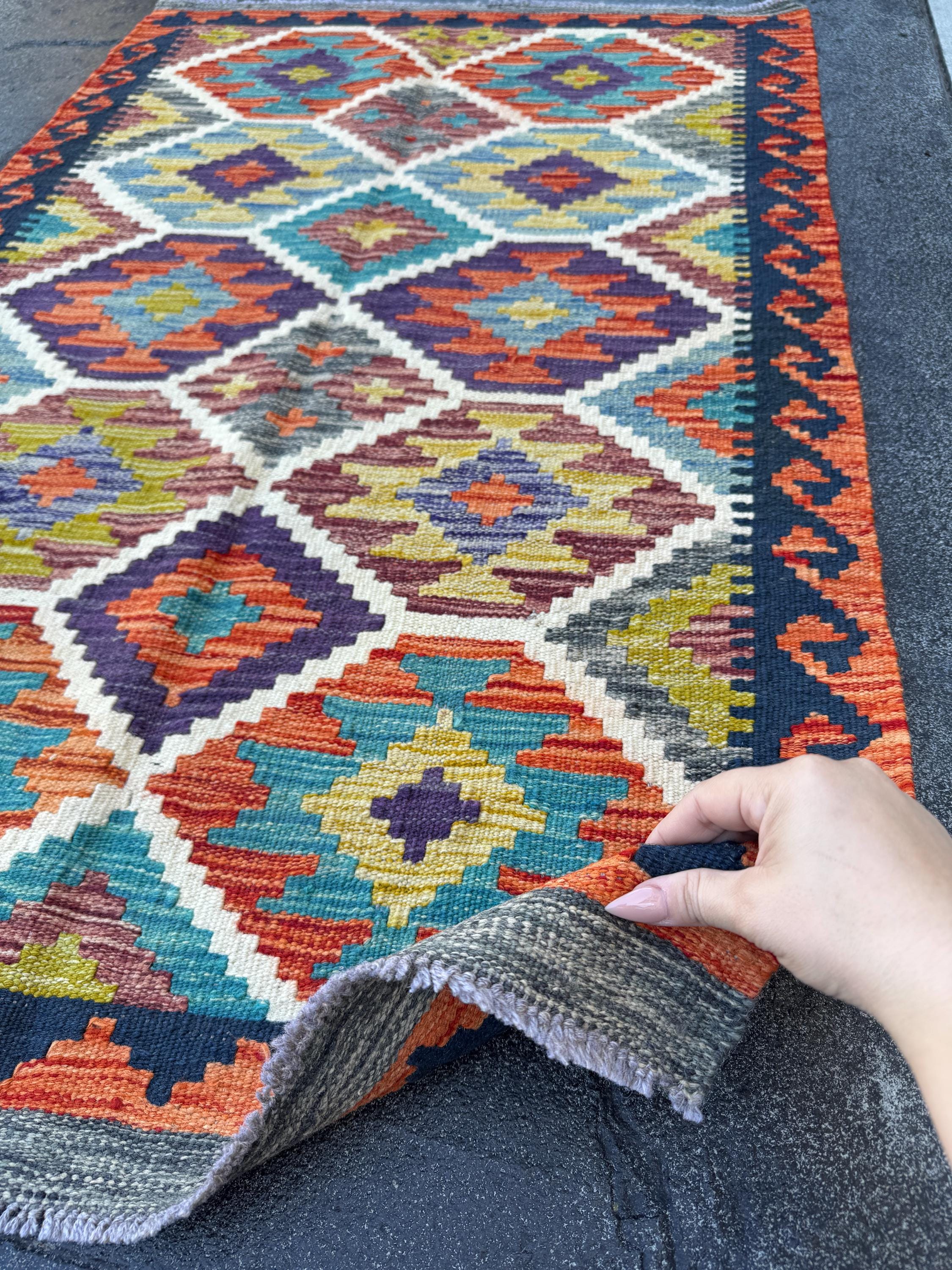 3x4 (91x121) Handmade Afghan Kilim Rug | Orange Black Teal