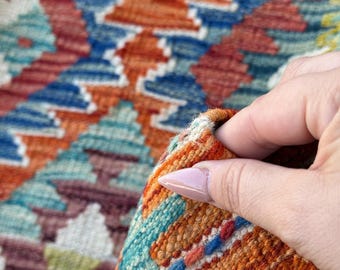 3x4 ハンドメイド アフガン キリム ランナーラグ | オレンジデニム