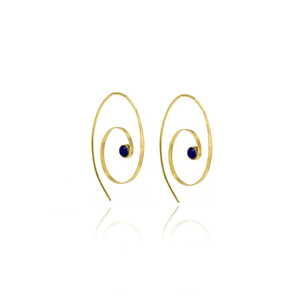 Handgemachte afghanische blaue Edelstein Lapis Lazuli Ohrringe Gold Messing Elegante Spirale Inspiriert Schmuck Natur Berg Abstrakt Geschenk für Sie