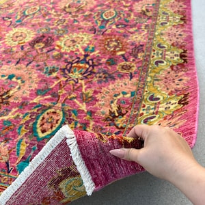 6x9 (183x274) Handmade Afghan Rug | Fuchsia Magenta Salmon Pink Gold Mustard Cornsilk Yellow Purple Maroon Red Orange Teal | Wool Mamluk