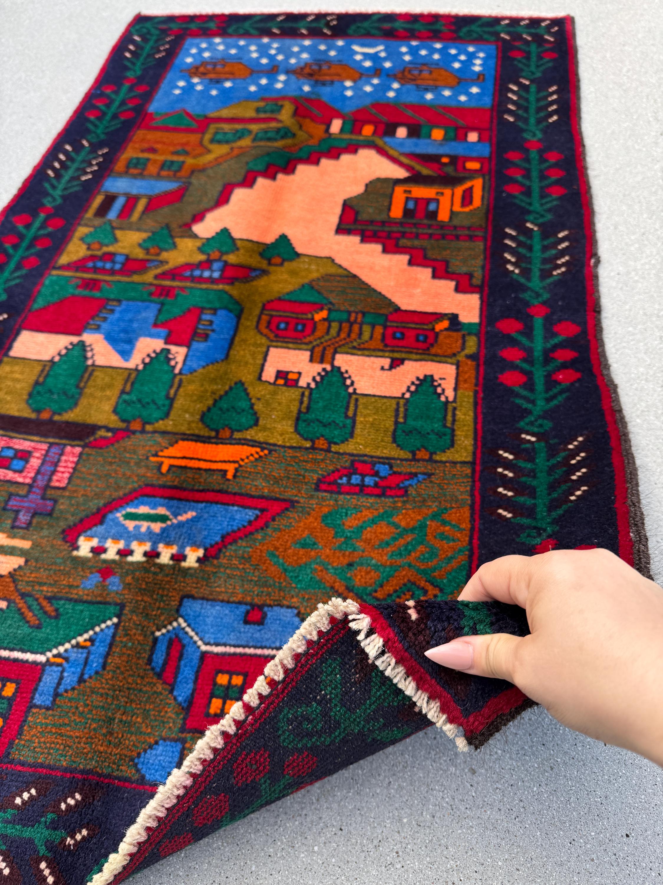 3x4 (91x121) Handmade Vintage Afghan Baluch Rug | Moss Olive