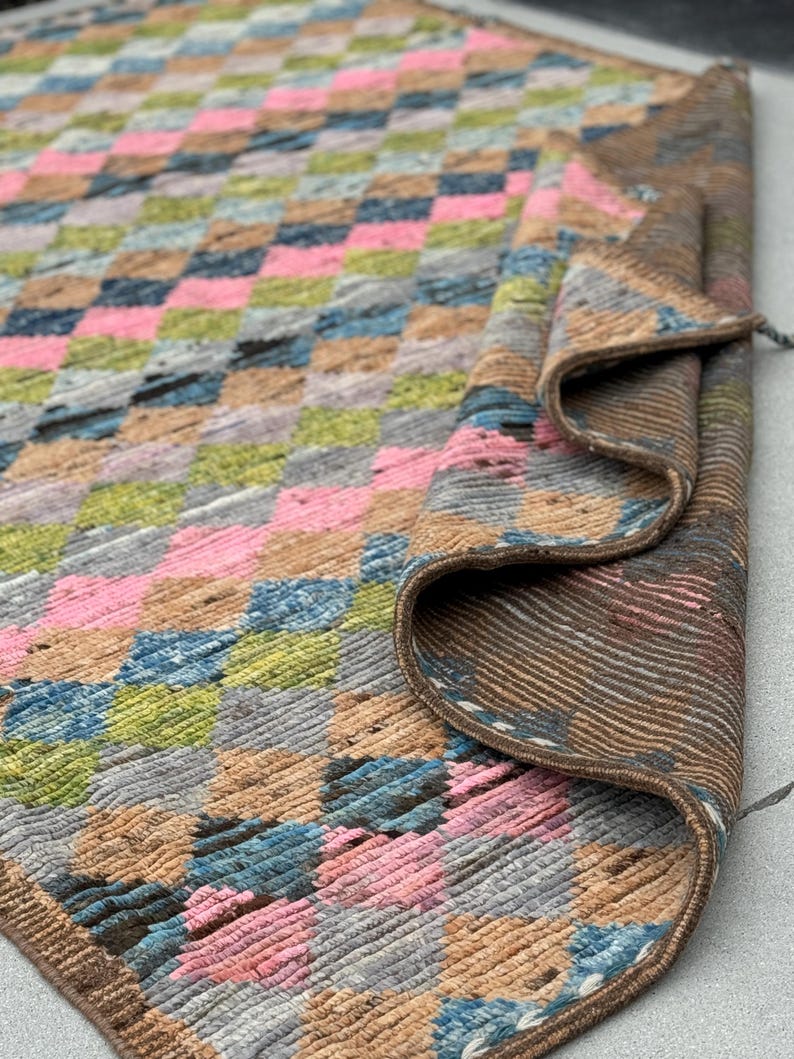 7x10 Handmade Afghan Moroccan Rug Pink Light Dark Green Blue Gray Beige