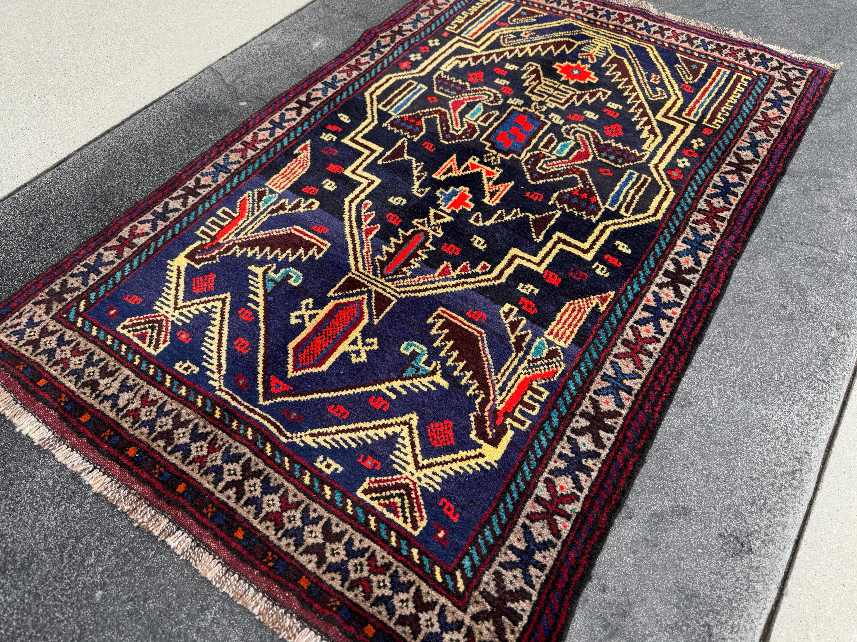 3x4 Handmade Vintage Afghan Baluch Rug | Midnight Navy Denim Aqua