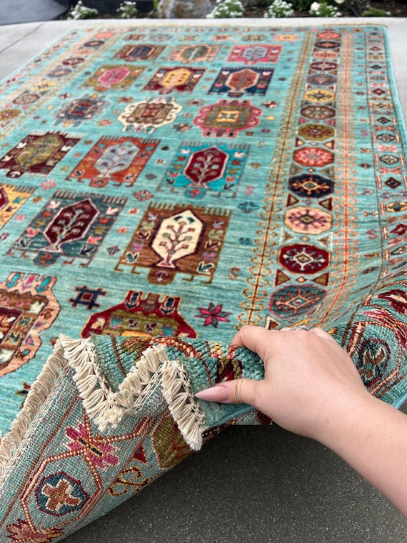 6x8 Handgefertigter afghanischer Teppich | Türkis Petrol Ziegelrot Orange Karamellbraun Forest Moosgrün Beige Elfenbein Creme Pink Mitternachtsblau