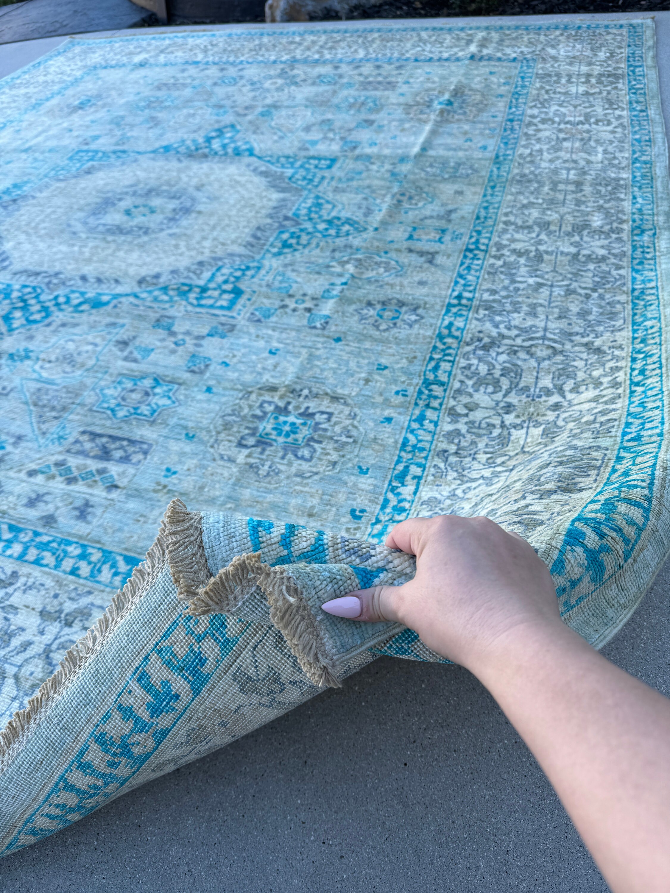 『14kgf』ロンドンブルー＆オパール No.168 8x9-10 (244x305) Handmade Afghan Rug | Ivory Turquoise Denim Blue