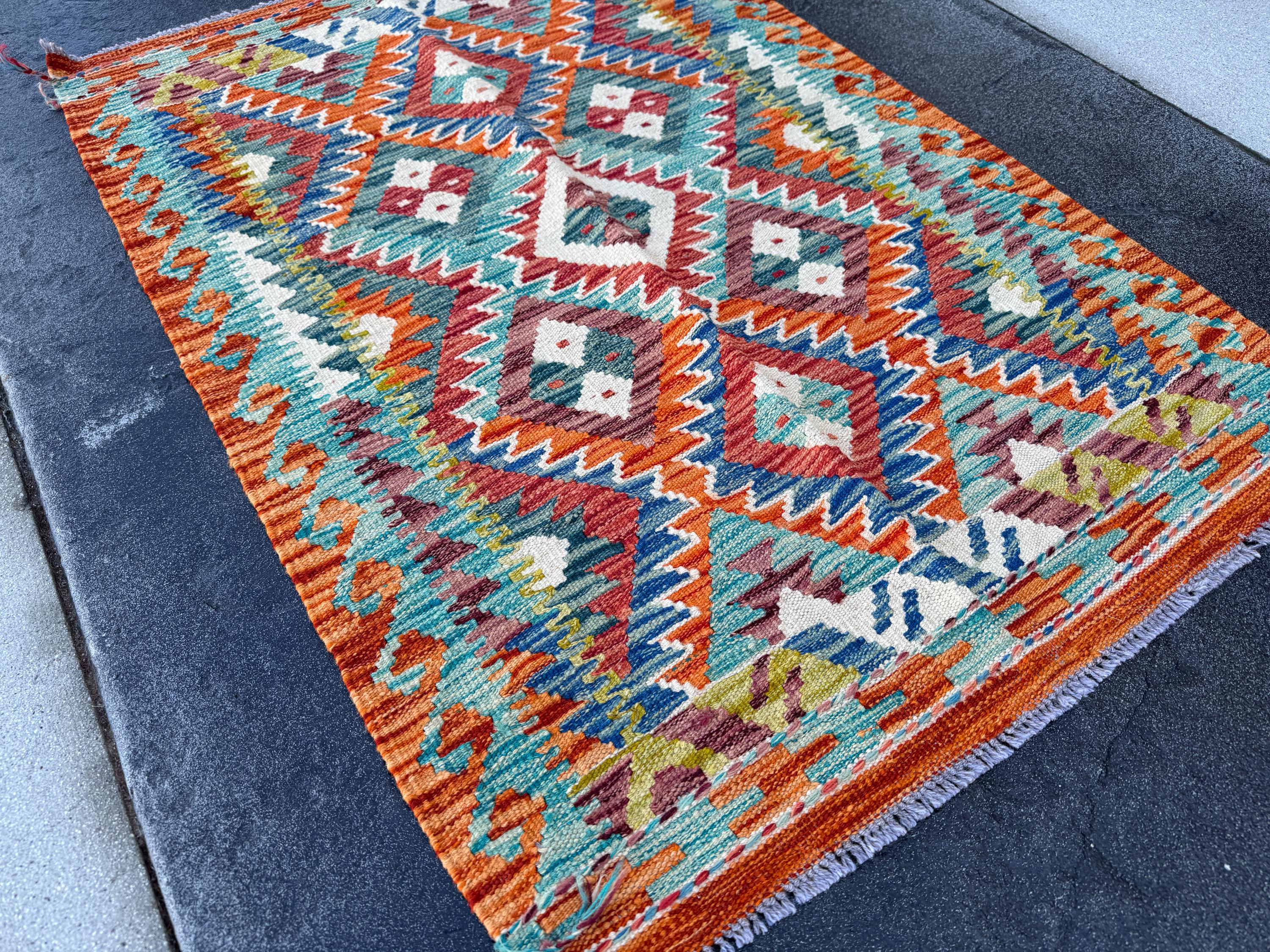 3x4 ハンドメイド アフガン キリム ランナーラグ | オレンジデニム