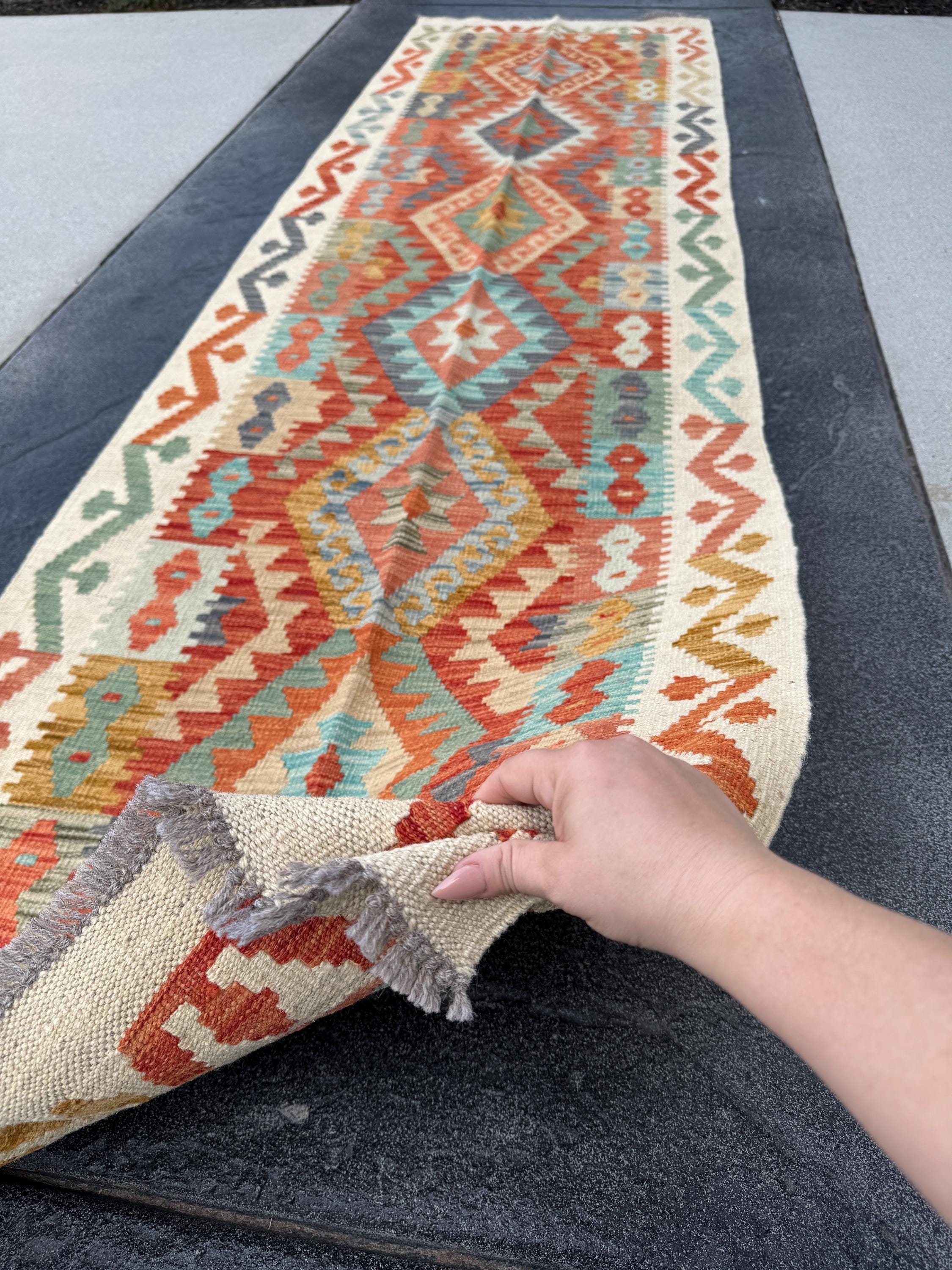 3x10 (91x304) Handmade Afghan Kilim Runner Rug | Sand Brown Cream
