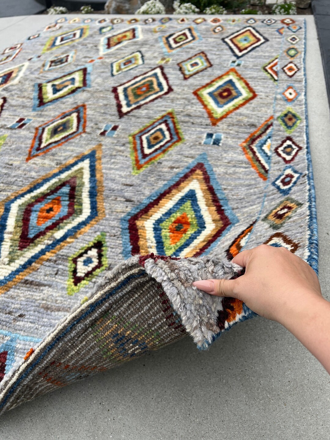 6x9 7x9 Handmade Afghan Moroccan Rug Grey Sky Navy Blue Olive Green Tan