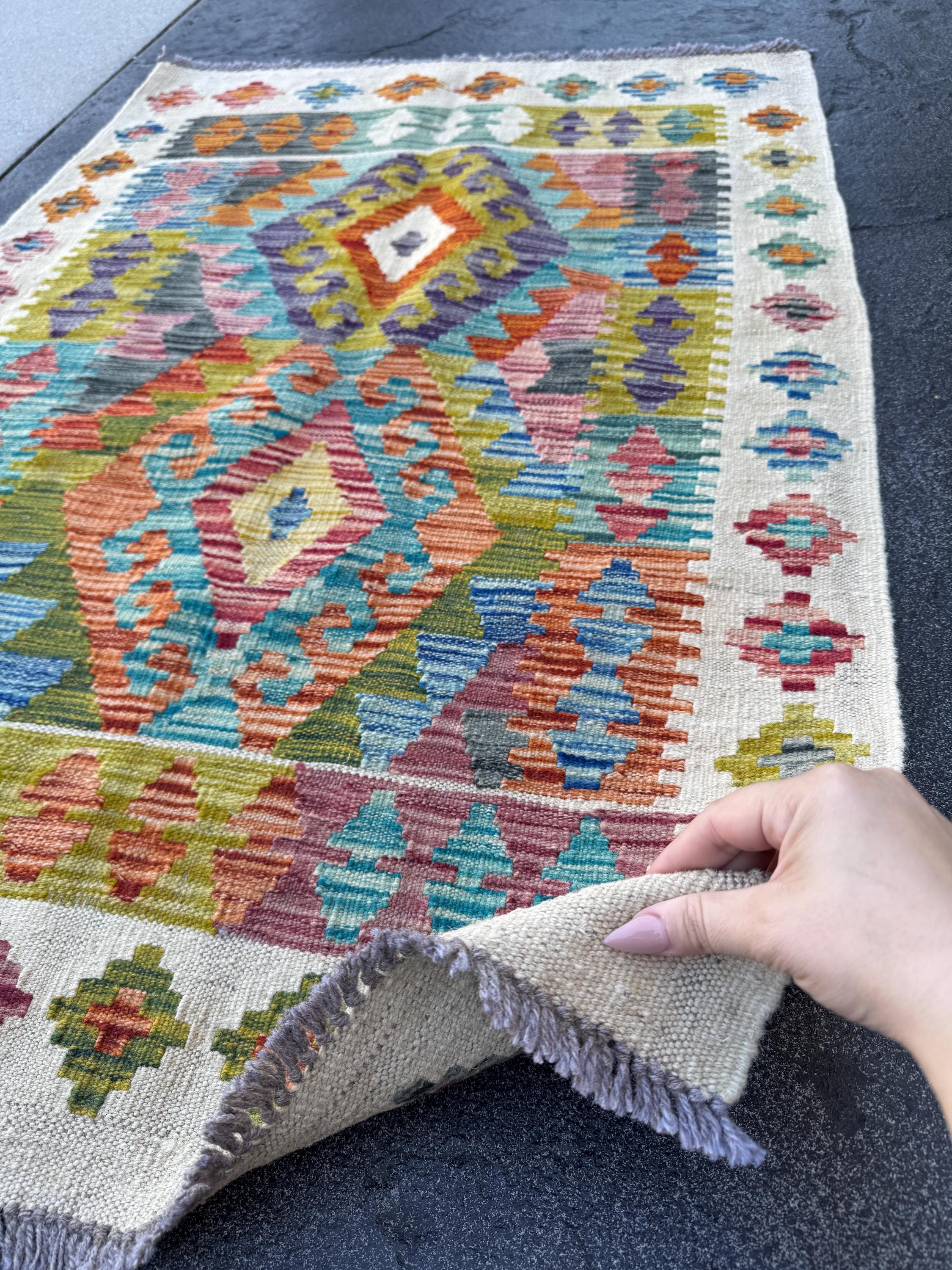 3x4 Handmade Afghan Kilim Rug | Cream White Grey Teal Aqua Blue