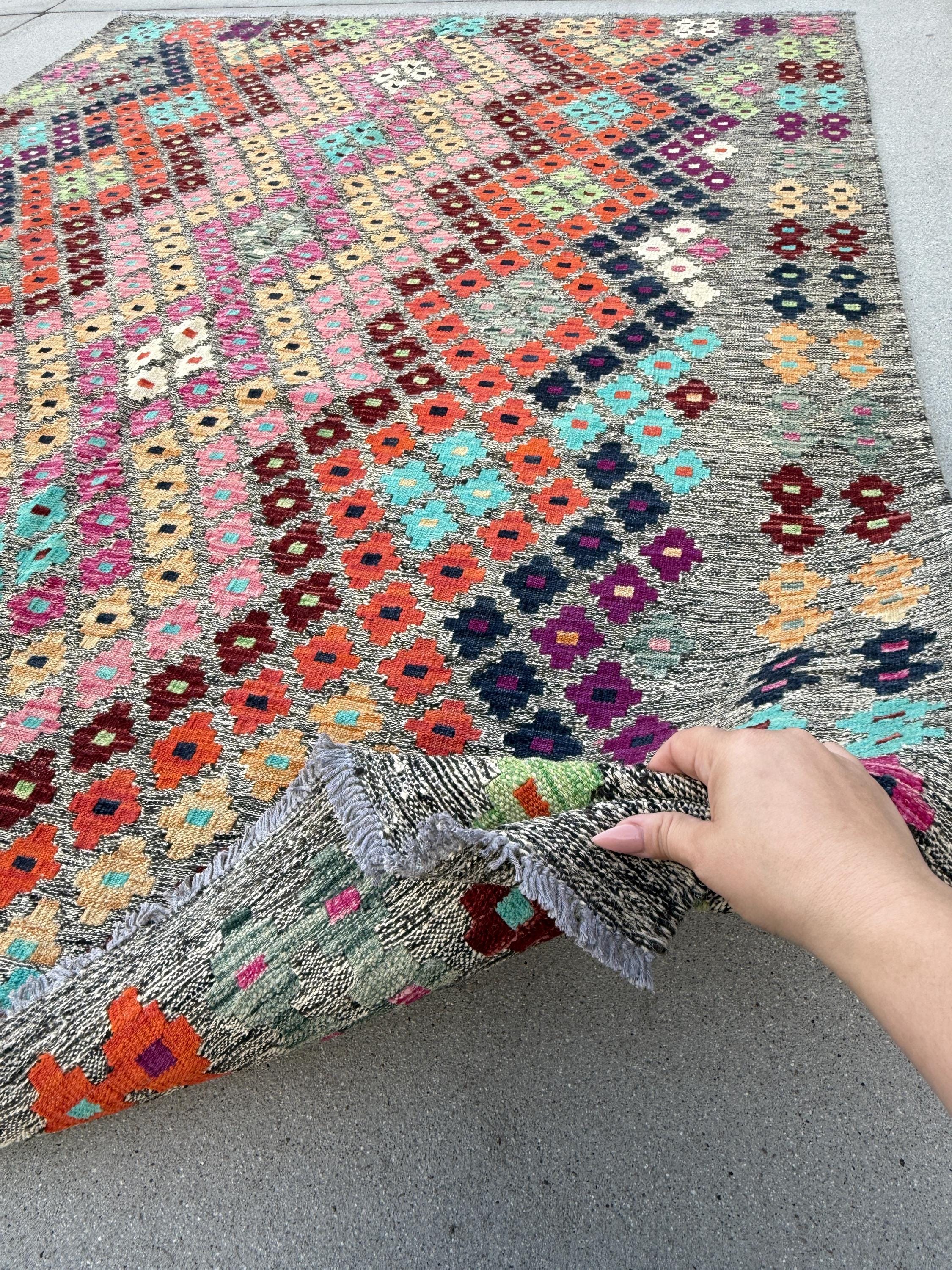 6x8 Handmade Afghan Kilim Rug Grey Orange Peach Black Midnight