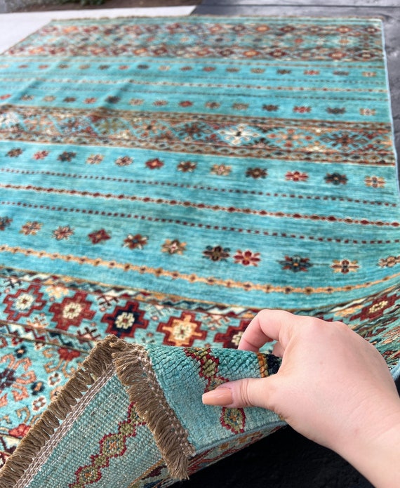 180x245 Handgefertigter Afghanischer Teppich | Türkis Ziegelrot Olivgrün Mitternachtsblau Elfenbein Schokolade Petrol Peach | Türkisch