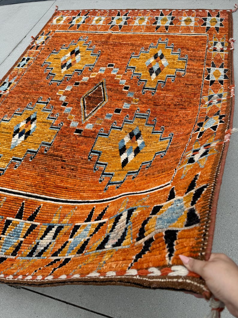 7x9 Handmade Afghan Moroccan Rug Burnt Orang Mustard Yellow Brown Black