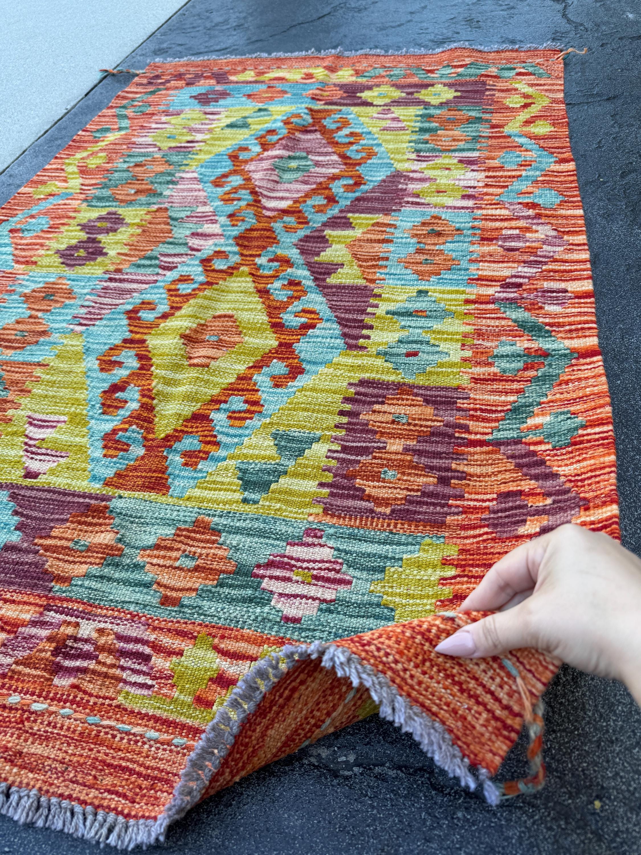 3x5 Handmade Afghan Kilim Rug | Burnt Orange Yellow Chartreuse