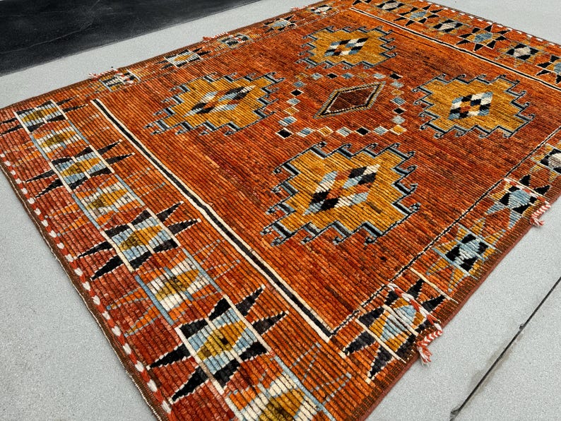 7x9 Handmade Afghan Moroccan Rug Burnt Orang Mustard Yellow Brown Black