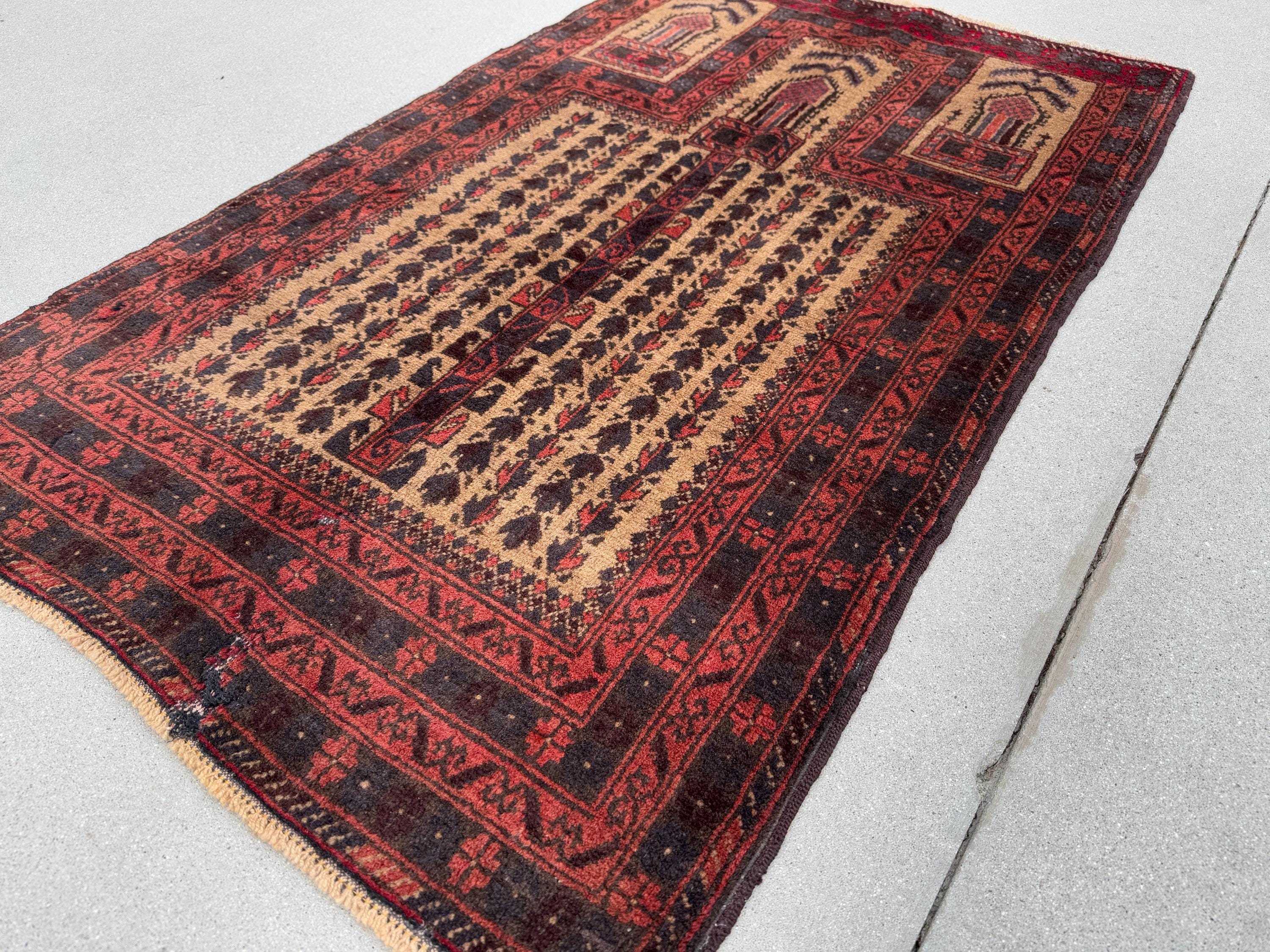 3x5 (91x152) Handmade Vintage Afghan Baluch Rug | Brick Blood