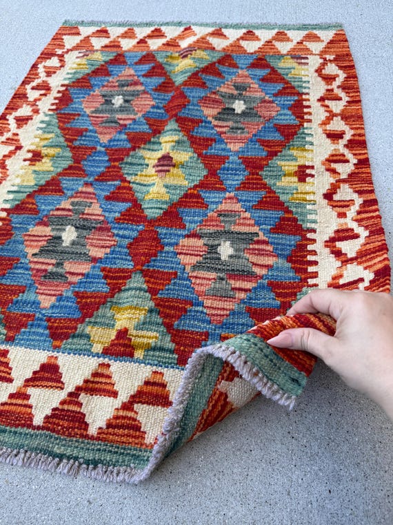 2x3 Handmade Afghan Kilim Rug | Blood Brick Red Mustard Yellow